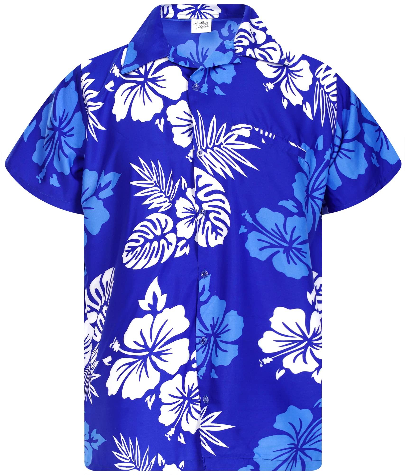 King Kameha Floral Hawaiian Shirt for Men – Tropical Men’s Hawaiian Shirt Short Sleeve, Mono-Hibiscus, Blue-White, M