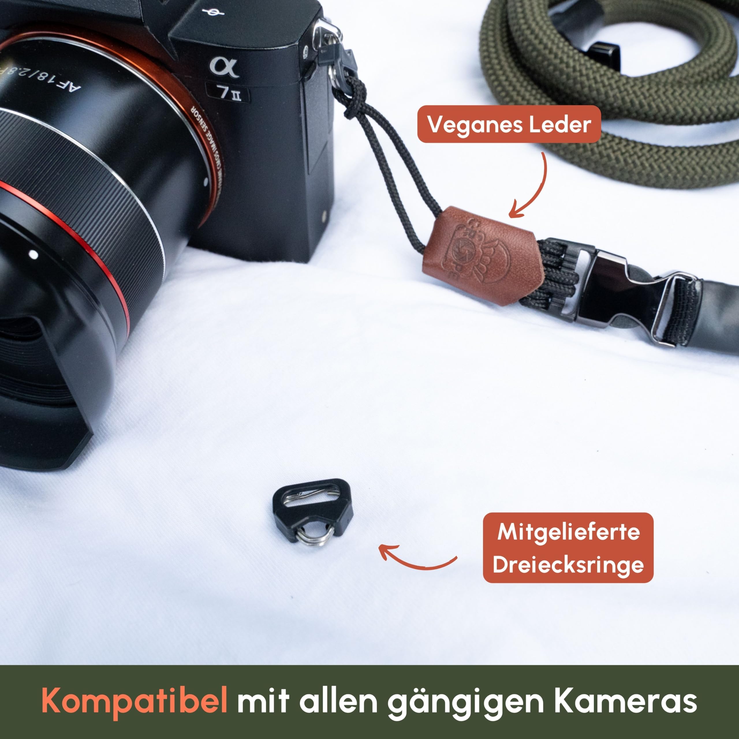 C-Rope Kameragurt Climber aus Kletterseil, Umhängegurt, Kamera-Gurt für alle Kameras aus Kletter-Seil (Military Olive, 125cm)