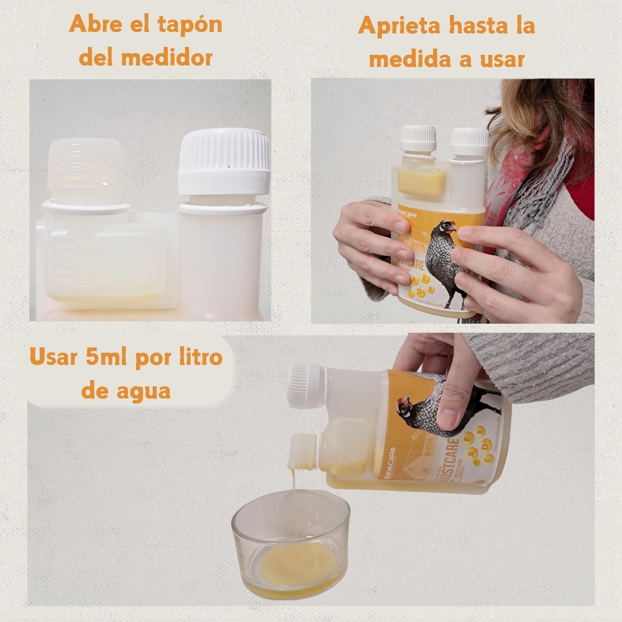 Multivitamínico 6 en 1 250ml Aves | Vitaminas A-E-D-C-B| Pienso Complementario para Bebedero Gallinas, Pollos, Palomas, Loros y Periquitos con Dosificador - Boostcare