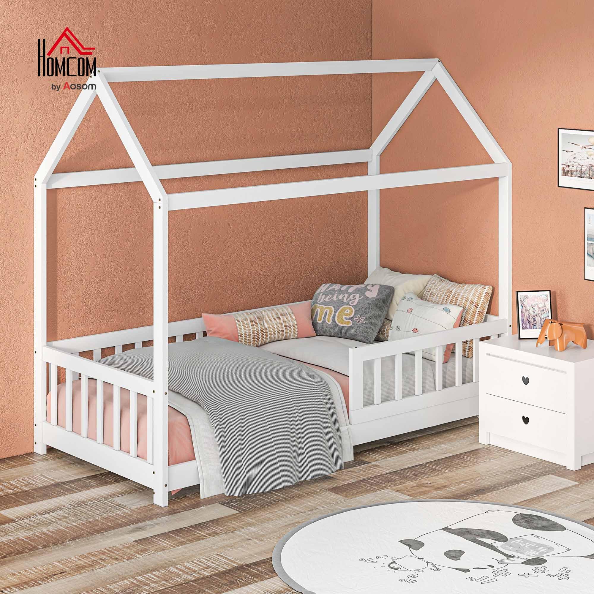 HOMCOM Letto Montessori per bambini a Casetta, 90x190 cm Letto per Bambini a Forma di Casa con 15 Doghe, Struttura in Legno di Pino e Barriere di Protezione per Cameretta, Bianco