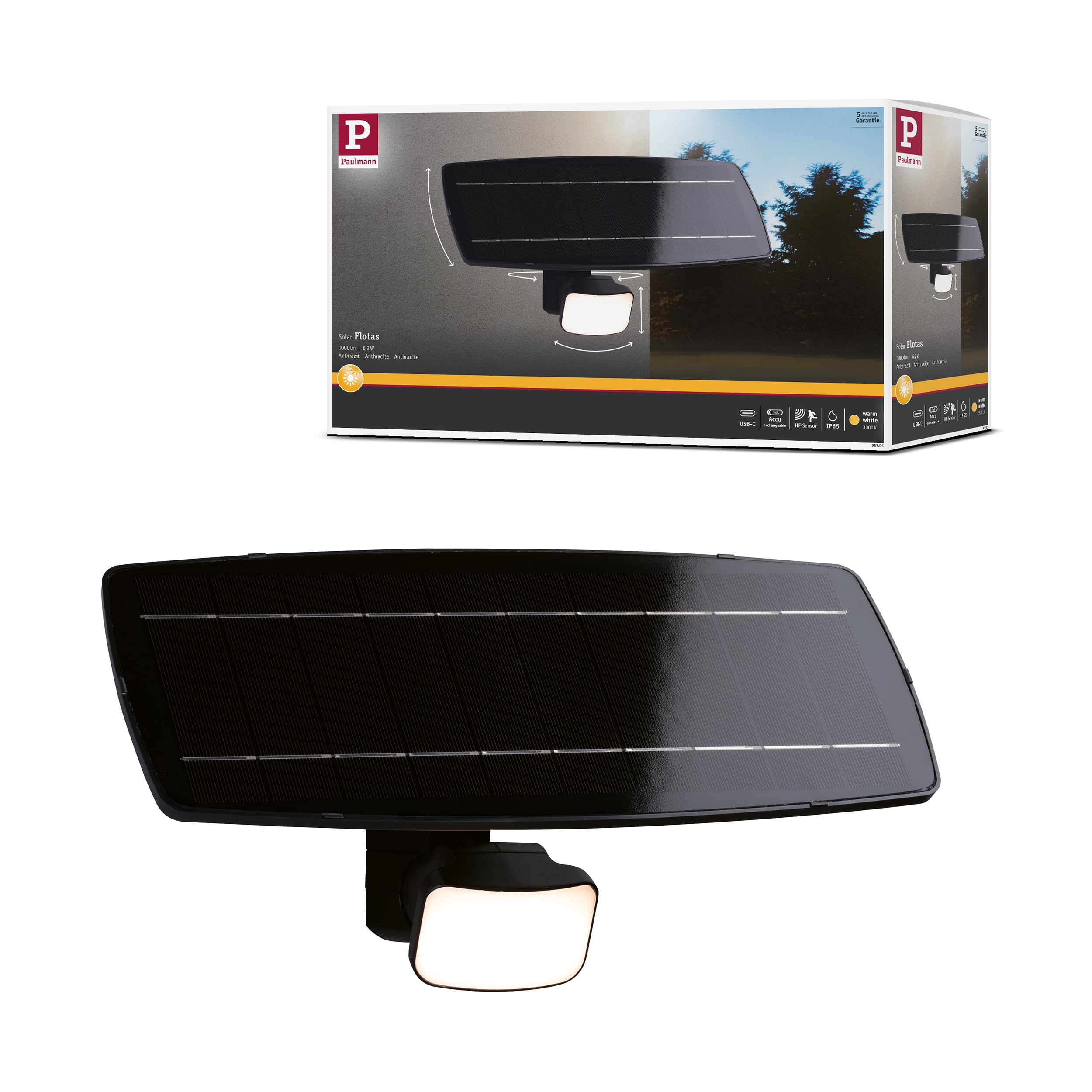 Paulmann 95705 - Flotas a energia solare, con sensore di movimento crepuscolare (HF) IP65, 3000 K, 700 lm, colore: antracite