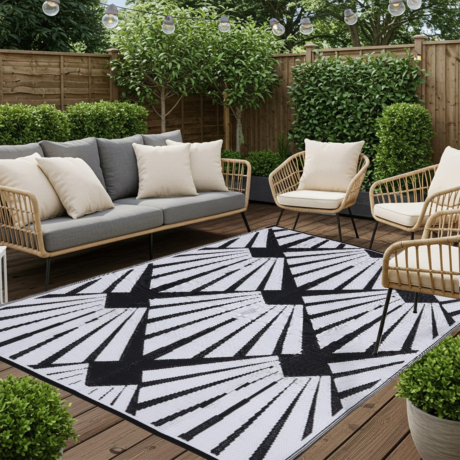 BUPPLEE Tapis d'extérieur réversible pour patio, tapis d'extérieur réversible en paille en plastique imperméable et pliable avec protection UV, tapis de paille à séchage rapide pour terrasse