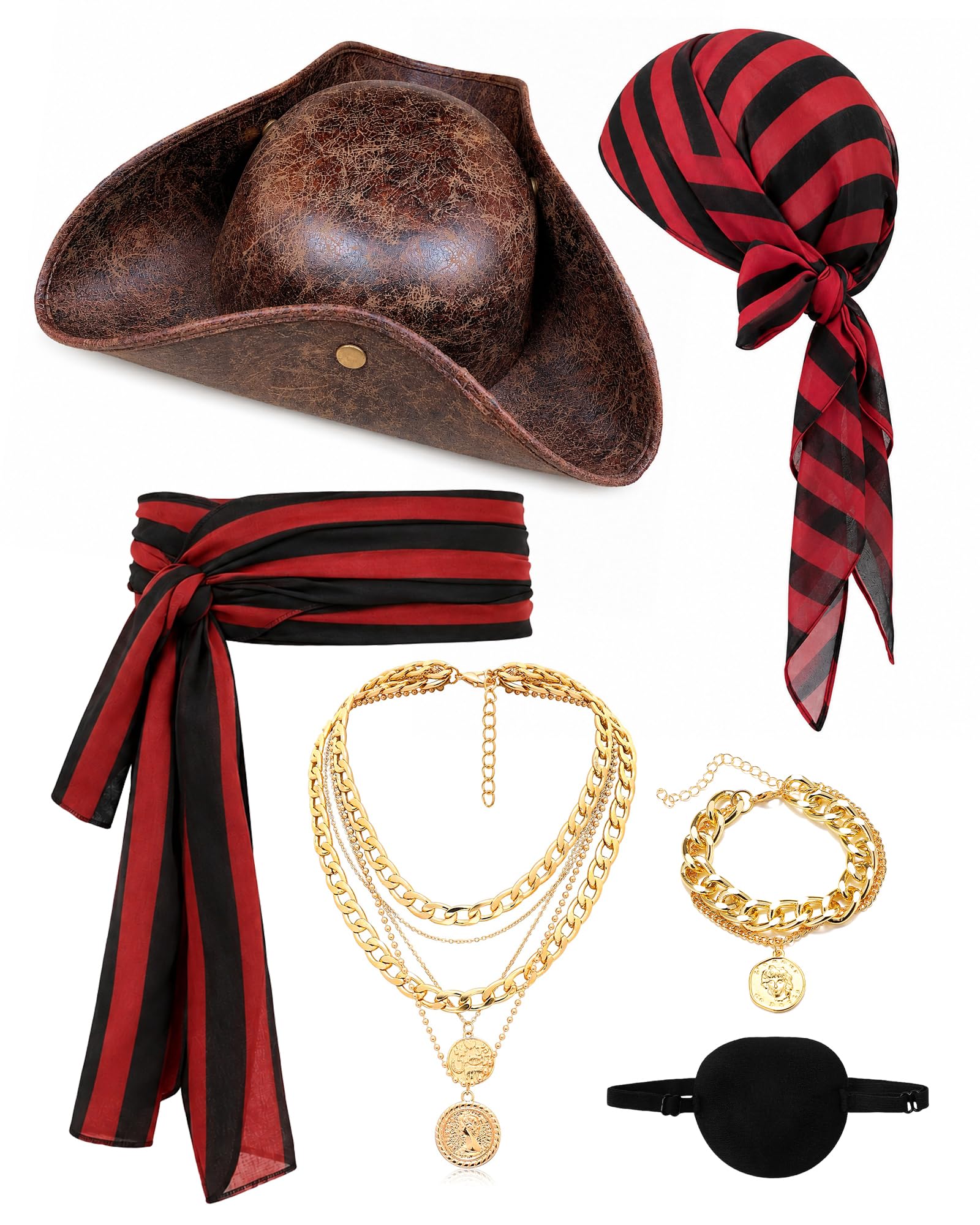 Bryndo 6 Pcs Pirate Costume Accessories Set for Women Men, Pirate Fancy Dress with Hat Bandana Head Scarf Sash Eye Patch Belt Necklace Bracelet for Cosplay Party (Red Striped)