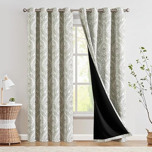 JINCHAN - 2 cortinas 100% opacas de 84 pulgadas de largo, con patrón de damasco con medallones de color verde salvia, ojales y aislamiento térmico,