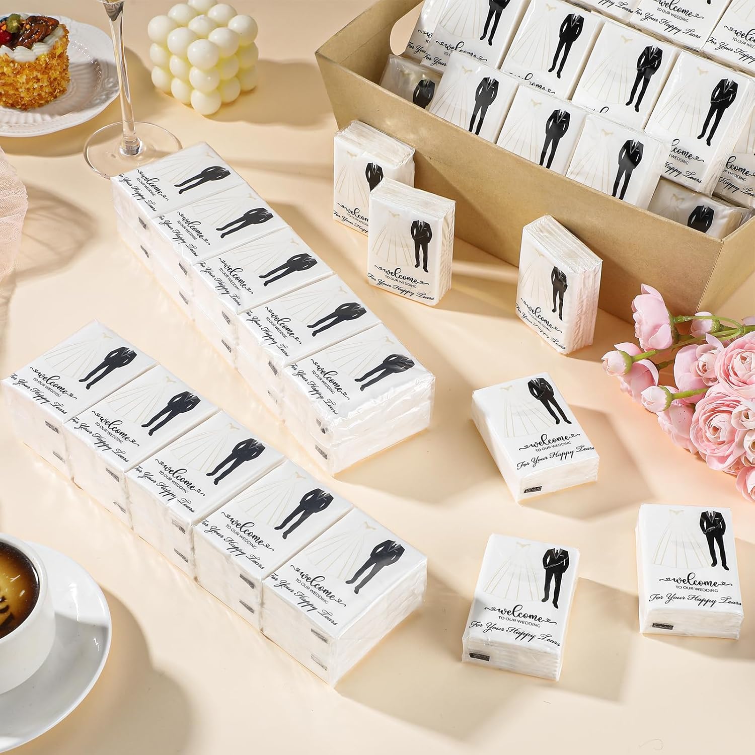Engrowtic 100 Packs Wedding Facial Tissues Packs for Guests Mini Tissues Travel Size 4 Ply Happy Tears Favors Welcome to Our Wedding for Hotel Ceremony(Classic)