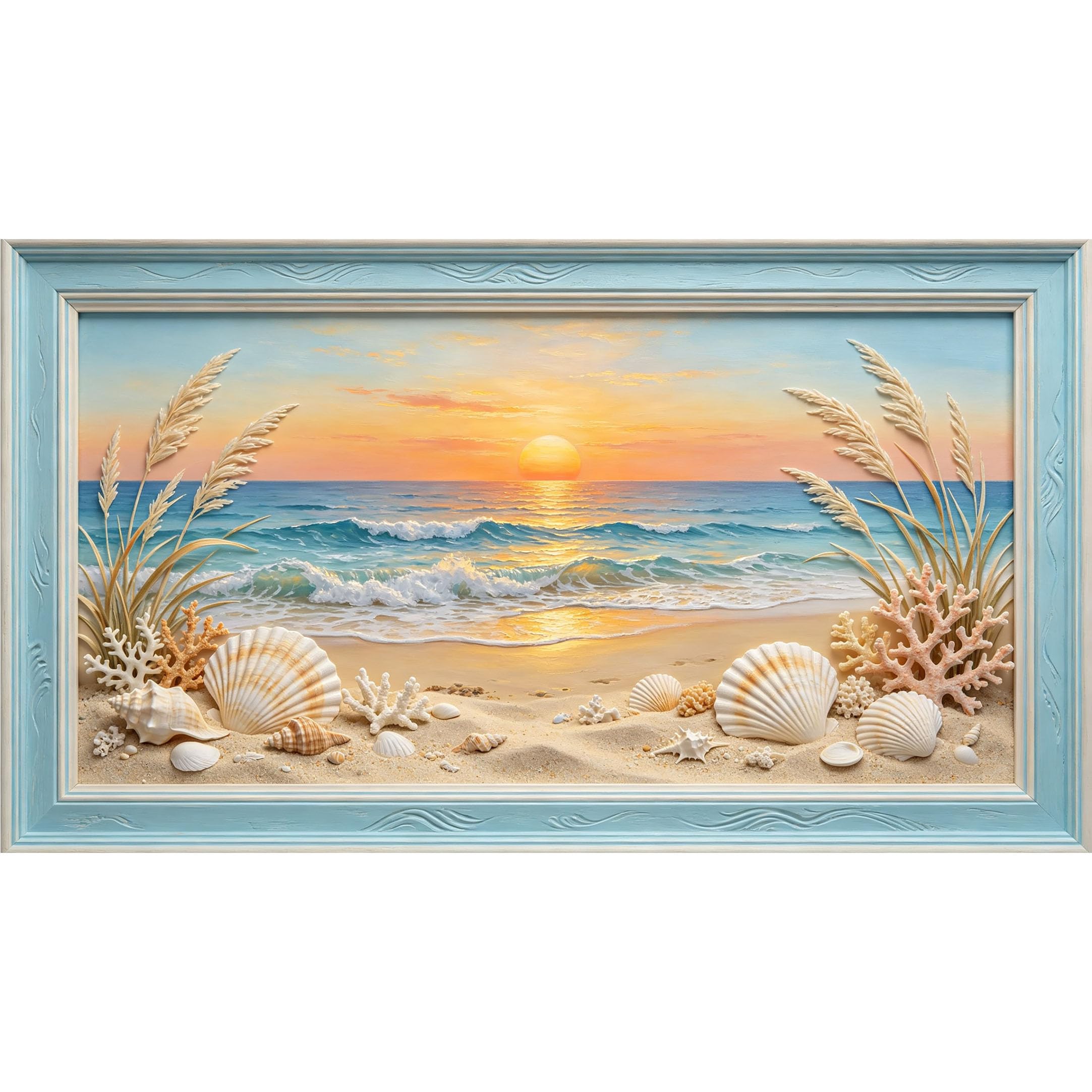 QZLITHOTIC 50x90cm3D Framed Wall Art， Coastal Ocean Sunset Seashell Coral Beach Self‑Adhesive Mural， Water‑Activated Peel & Stick Fabric Decor Wall Decal for Bedroom Living Room