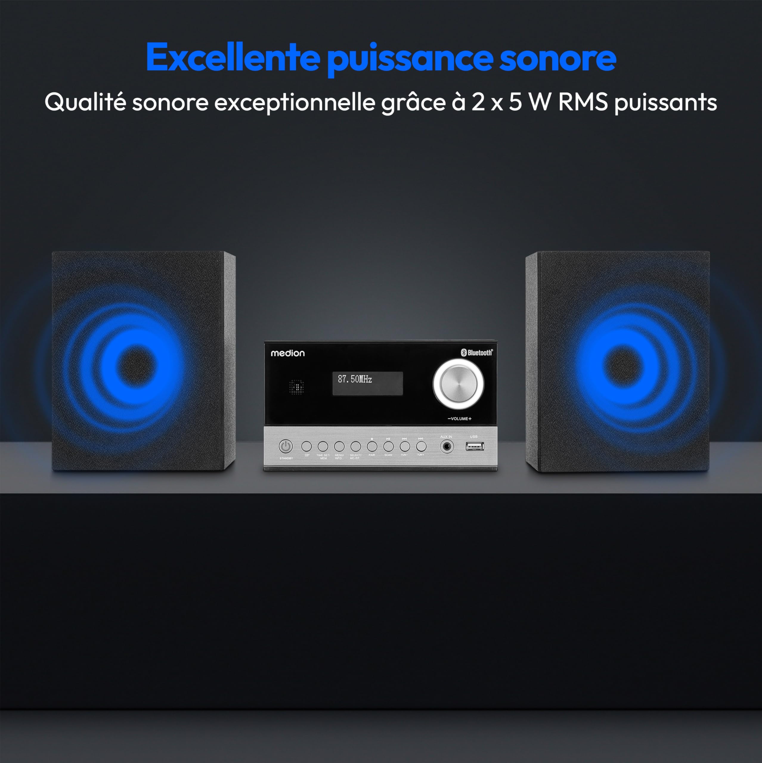 MEDION E64088 Microsystème Audio Compact (Dab+, Lecteur CD. PLL FM Radio, Bluetooth, Connexion USB, Sleeptimer, MP3, écran LCD avec Affichage 12/24 Heures)