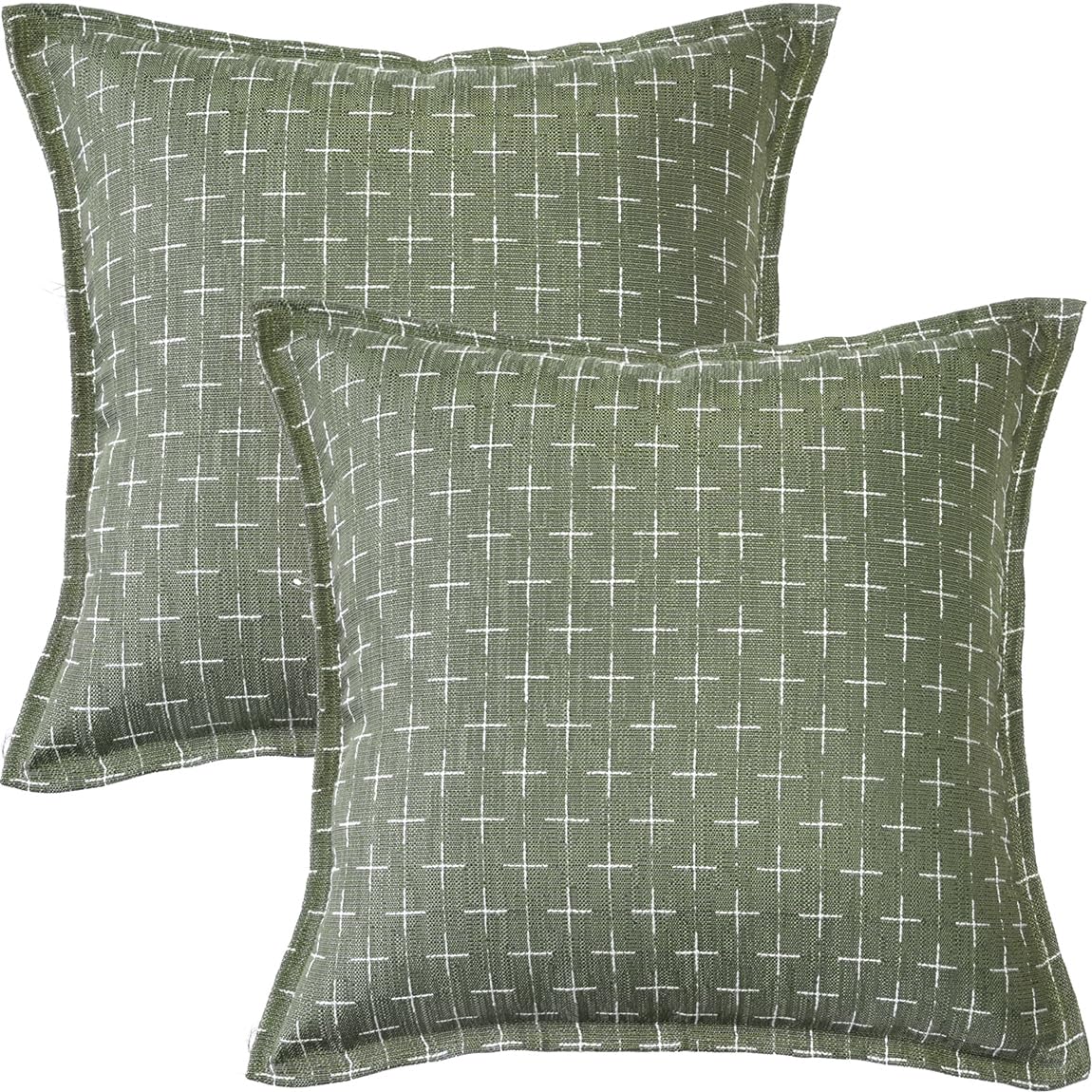 HOMTRYLIC Cushion Covers 40X40cm Decorative Throw Pillows Covers Set of 2 Soft Woven Textured Farmhouse Cushion Pillow Cases with Flange Edge for Sofa Bed Couch Home Decor, Olive Green