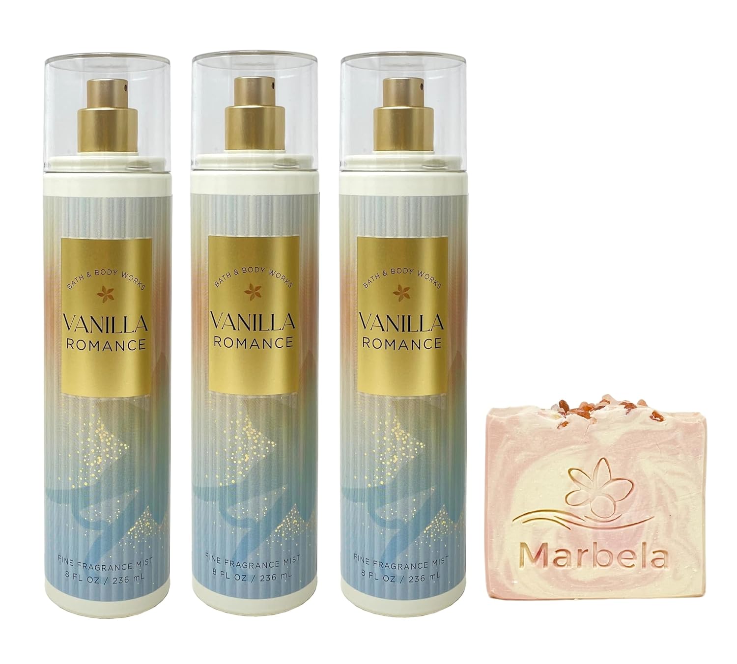 Bath & Body Works Vanilla Romance 3 Pack Fine Fragrance Mist Bundle with a Himalayan Salts Springs Bar Soap - Full Size