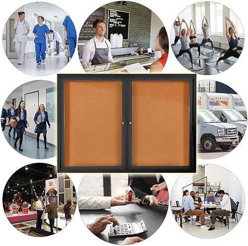 Miniatura 8 de Tablón de anuncios cerrado para exteriores con puerta de bloqueo, resistente a la intemperie, corcho, marco de aluminio negro, 48 x 34 pulgadas