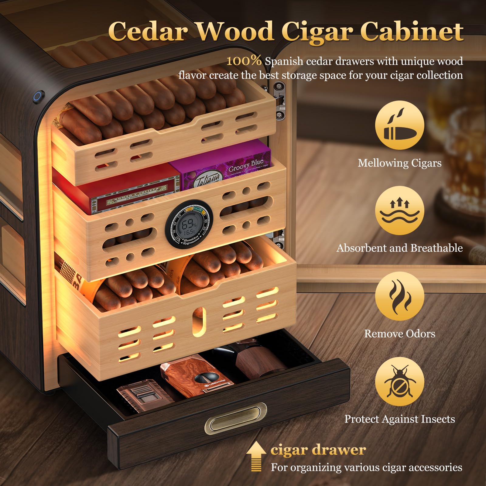 Zigarren-Humidor, 3 Seitenfenster, Humidor Zigarrenbox, Zedernholzschublade Zigarrenschrank, mit LED-Beleuchtungssystem, digitalem Thermometer und 2 Zigarren-Luftbefeuchtern