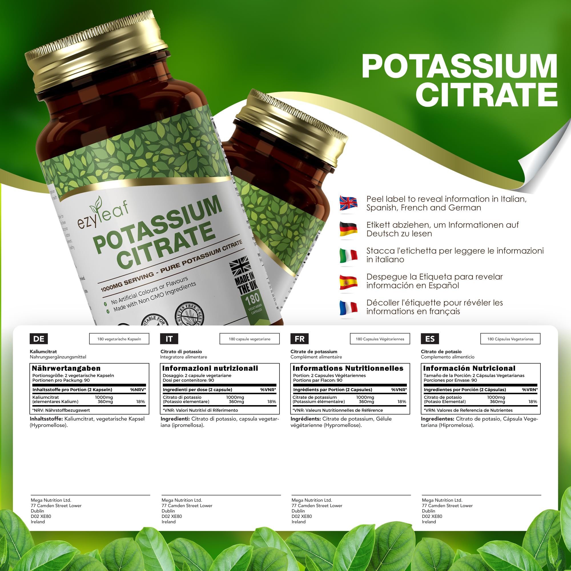 Ezyleaf Citrate de Potassium | 180 Capsules de Potassium à Haute Teneur - 1000mg de Potasium Citrate par Portion | Pas de charges Sans OGM Sans Gluten Sans Produit Laitier Sans Allergène