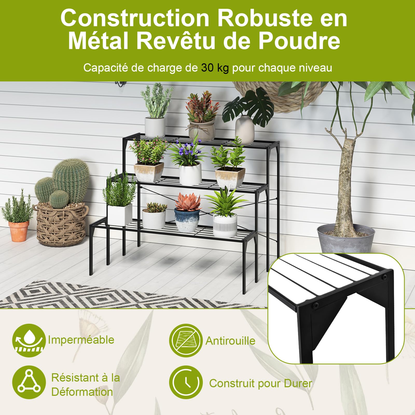COSTWAY Support de Plantes en Métal à 3 Niveaux, Coussinets Antidérapants | Étagère Échelle à Fleurs pour Balcons, Terrasses, Jardins et Salons, 85 x 65 x 66 cm