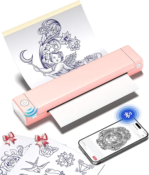Phomemo Tattoo Stencil Printer, M08F Wireless Thermal Tattoo Printer with 10pcs Transfer Paper, Compatible with Phone/Tablet/PC, Tattoo Supplies for Tattoo Artists & Beginners, Pink﻿