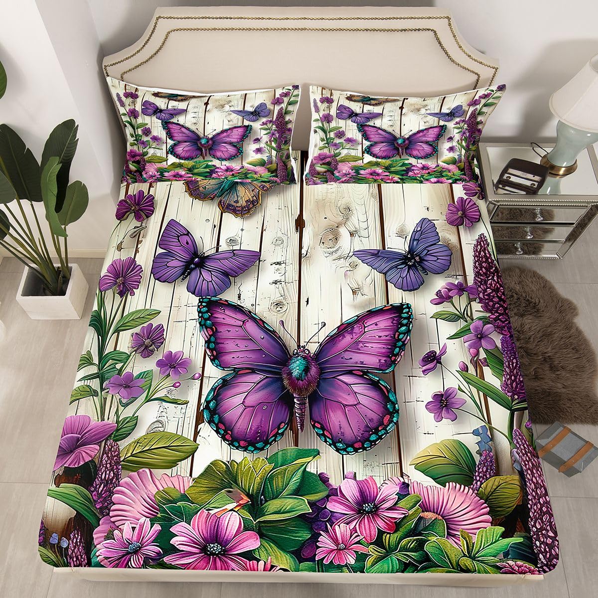 Manfei Sábana bajera ajustable con diseño de mariposas, tamaño King, juego de ropa de cama de flores rústicas, 3 piezas, estilo primaveral, con 2 fundas de almohada, decoración de habitación de niños