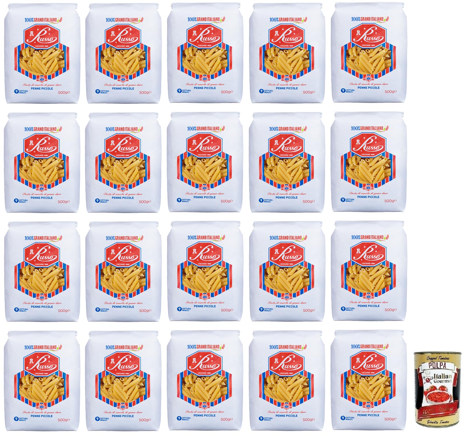 Russo Penne Piccole N°12 Pasta de sémola de trigo duro, 100% trigo italiano, paquete de 500 g + lata de 400 g de Polpa di Pomodoro italiana
