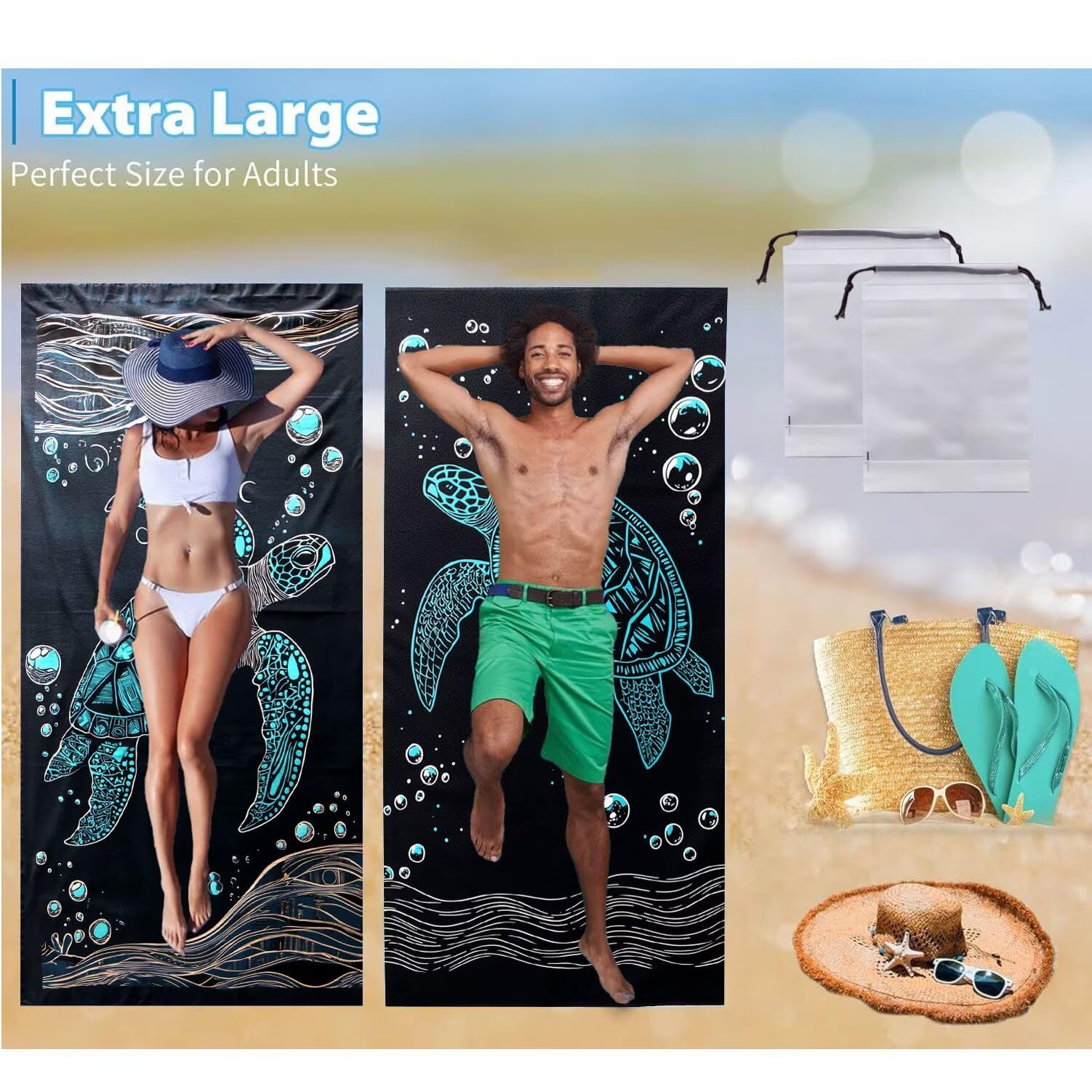 Ręcznik plażowy 90 x 200 cm, zestaw 2 dużych ręczników z mikrofibry szybkoschnący, chłonny, kompaktowy, ręcznik kąpielowy bez piasku lato koc plażowy damski na prezent (żółw morski) H-359