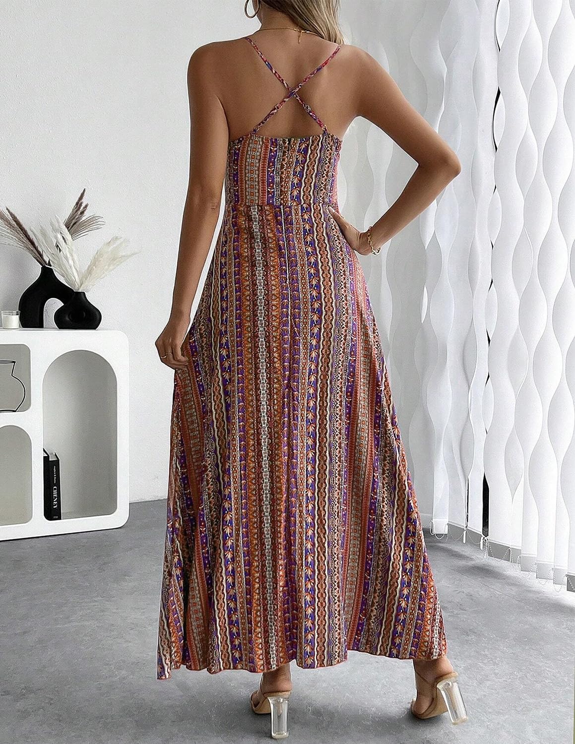 Femme Robe Style Ethnique sans Manches Col en V Eté Bohème Plage Robes Elégante Longue Décontractée Taille Haute Ourlet Robe à Fourche