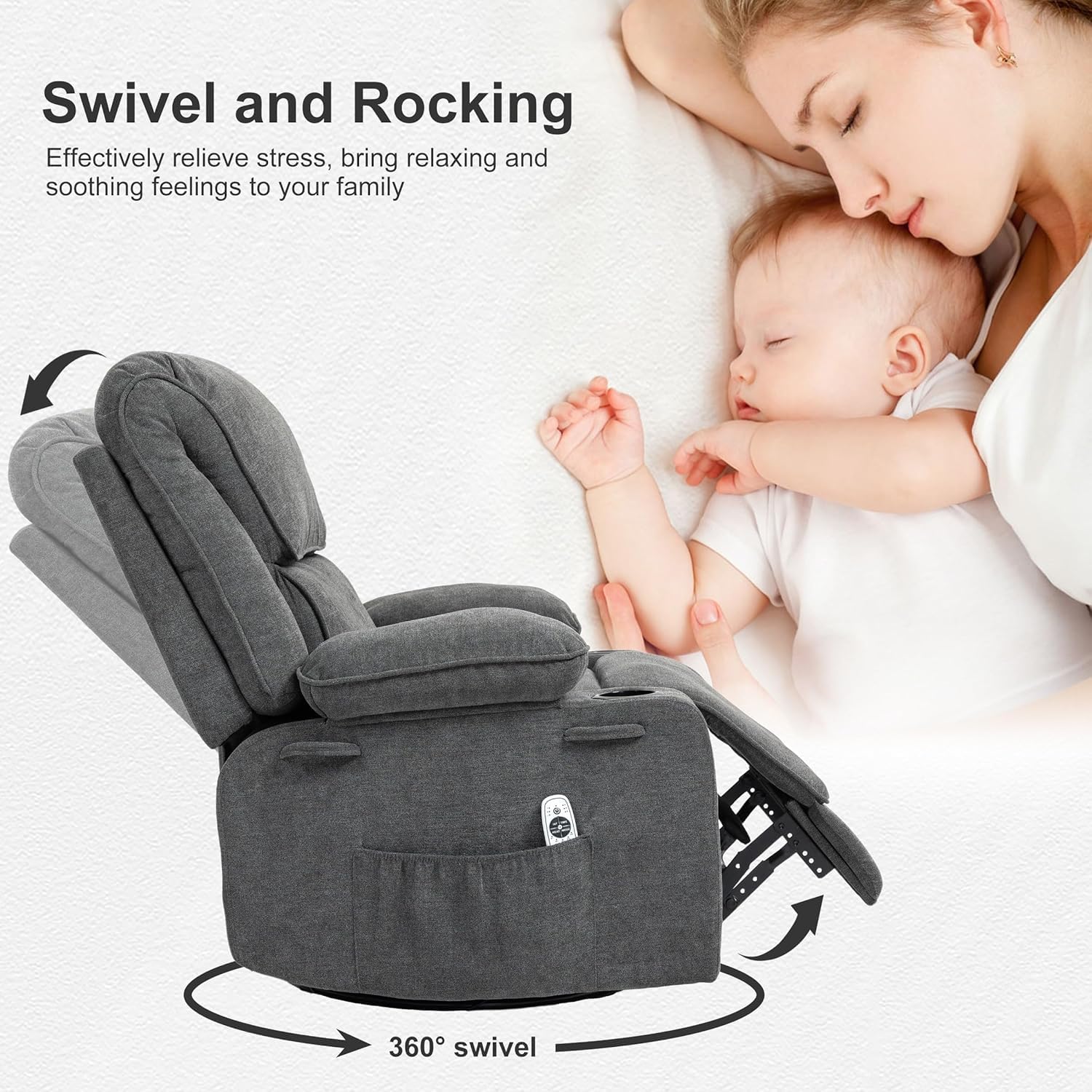 Massage Rocker Recliner Chair with Heated,Overstuffed Recliner Chairs,Swivel Rocking Recliners for Living Room (Dark Gray-Set of 2)