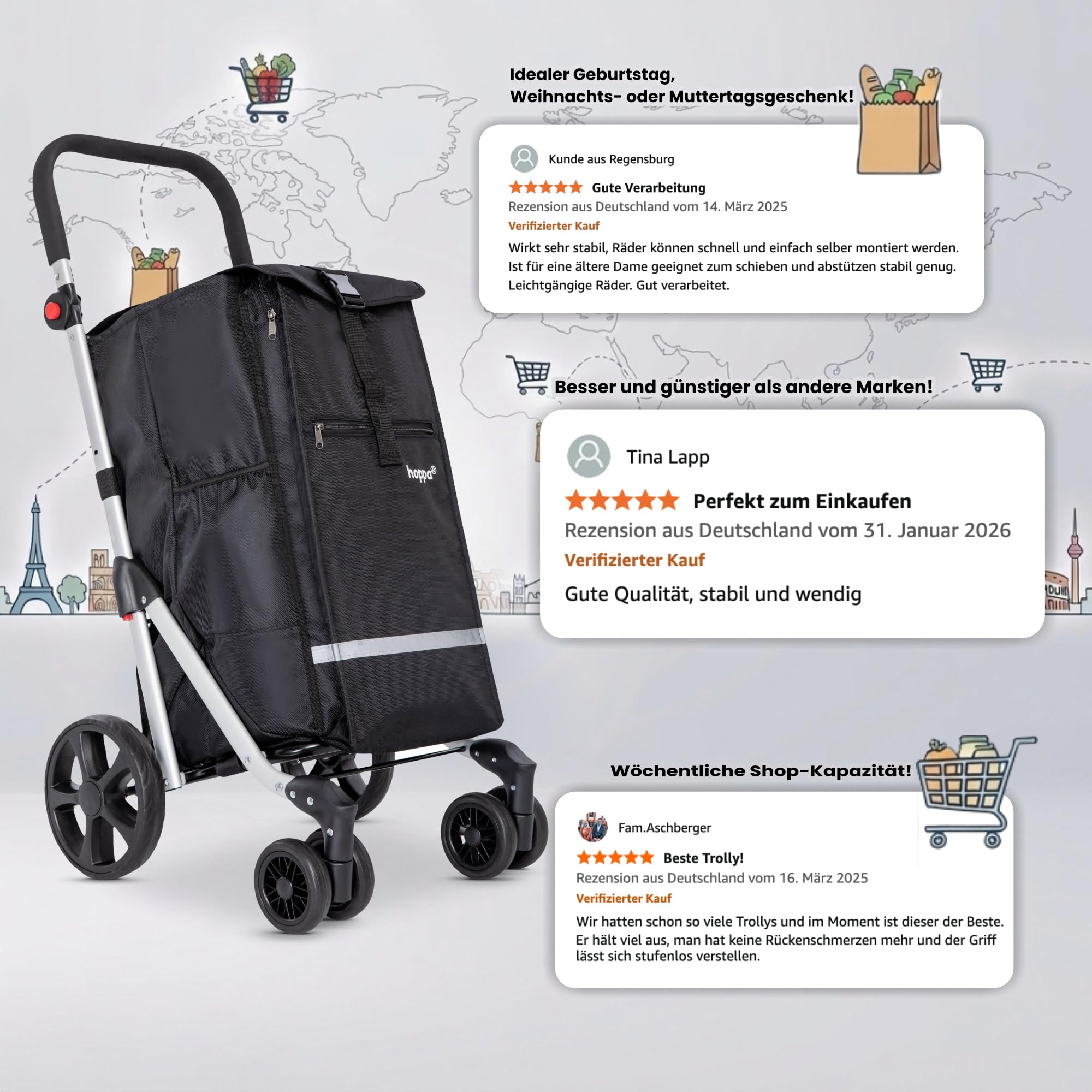 Hoppa 74L Klappbarer Einkaufstrolley, 6 Räder, Push/Pull | Große Kapazität, 6 Räder, 5 Taschen, Robust & Wasserdicht, Leicht, Klappbar, Für täglichen Gebrauch, Einkaufswagen