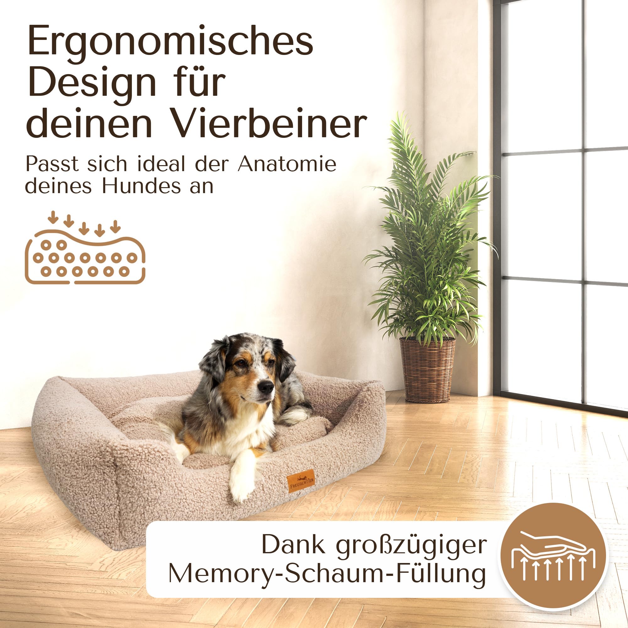 FREUDENTIER Orthopädisches Hundebett aus Teddy, Waschbar, Made in EU | Gelenkschonendes Hundesofa für kleine, mittelgroße & große Hunde - herausnehmbares Liegekissen - kuscheliger Hundekorb