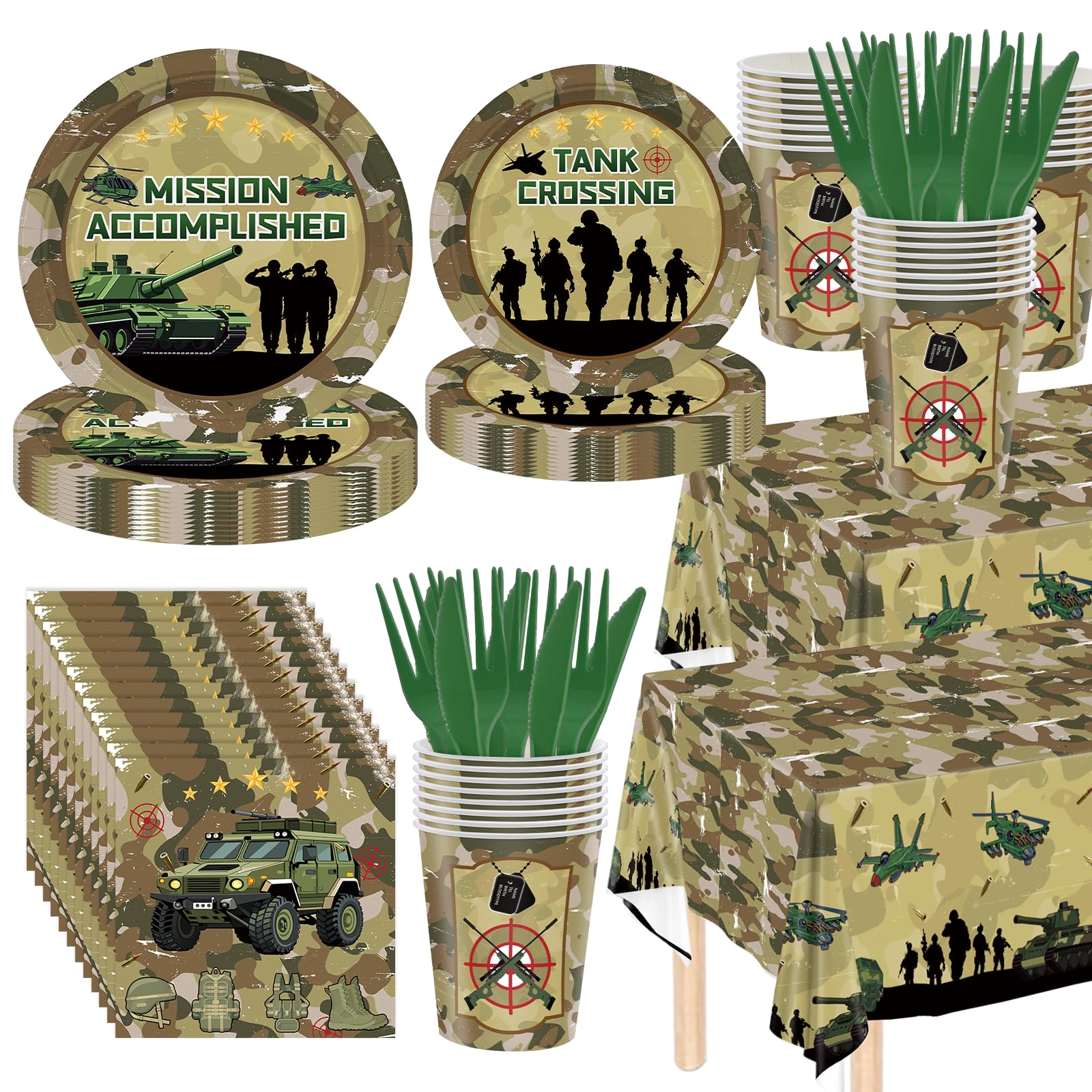 146Pcs Army Birthday Party Decorations Include Tableware-Plates-Napkins-Cups-Cutlery and Tablecloth Camo Birthday Party Decorations for 24 Guests