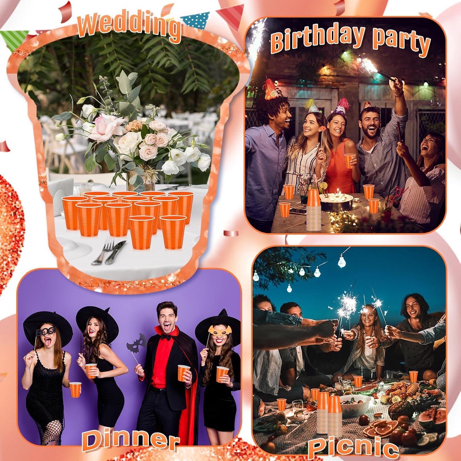 Pickmesh 50 Pack 12 oz Plastic Cups Valentine Disposable Cup Bulk for Valentine's Day Wedding Birthday Baby Shower New Year's Day Halloween and Festive Celebration Party Supplies(Orange) - Image 6