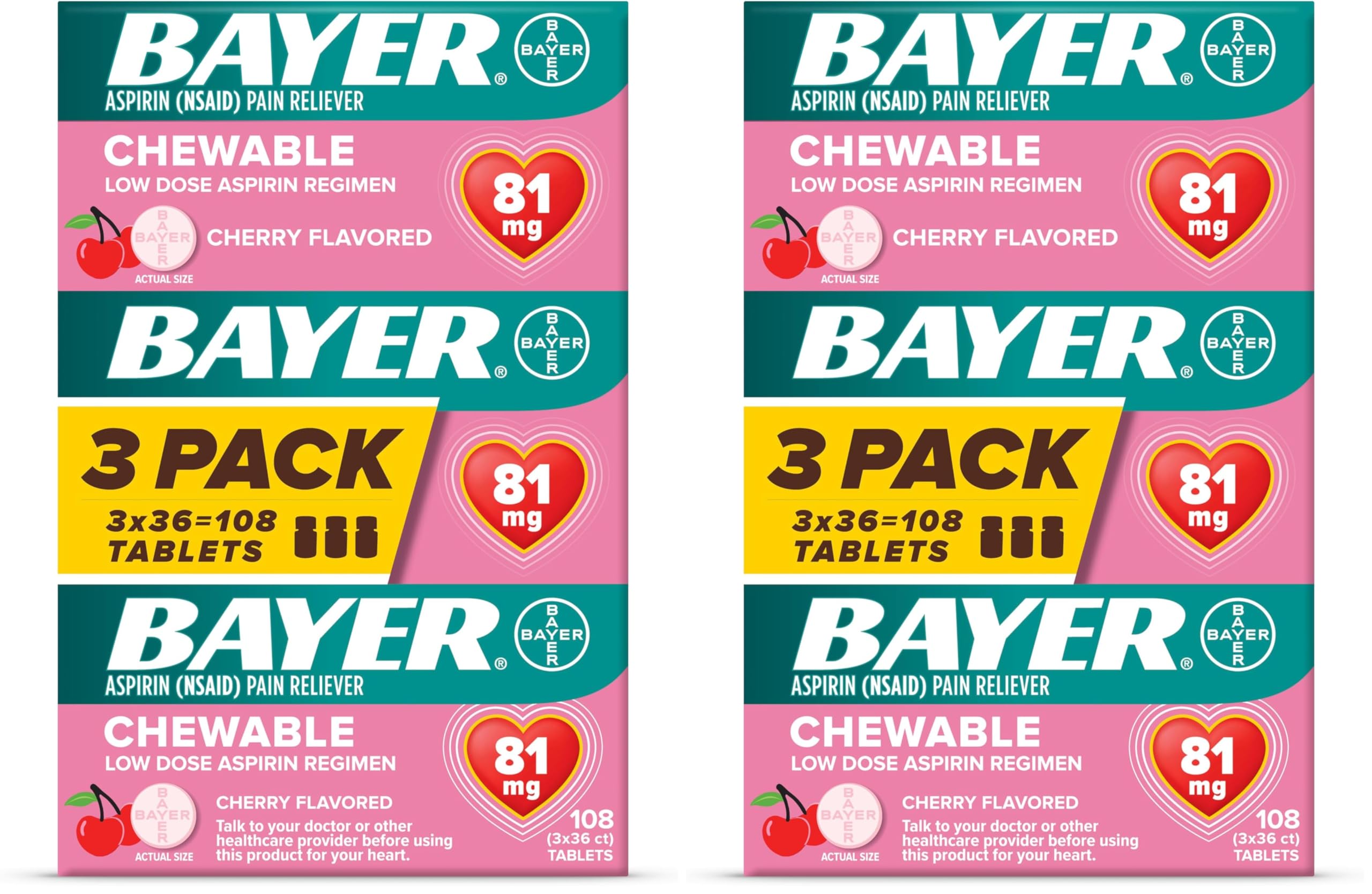 Bayer Aspirin Low Dose 81 mg Chewable Tablets, Pain Reliever, Cherry Flavored, 216 Tablets (6 Pack)