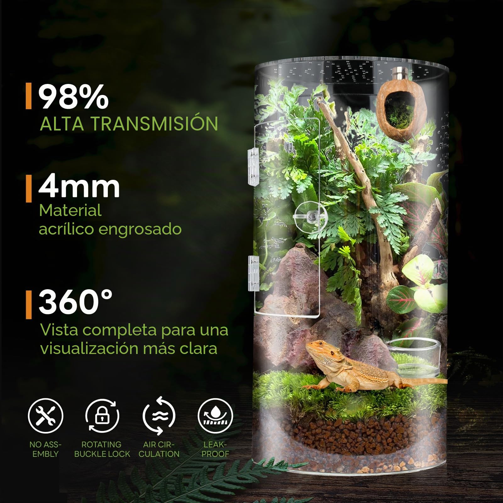 Terrario Cilíndrico, 360° Terrario Reptiles Transparente - Vivarium Insectos Acrílico, Caja de Cría para Araña Saltadora, Gecko, Lagarto Dragón Barbudo, Caracol, Insectos Palo, Rana Arbórea