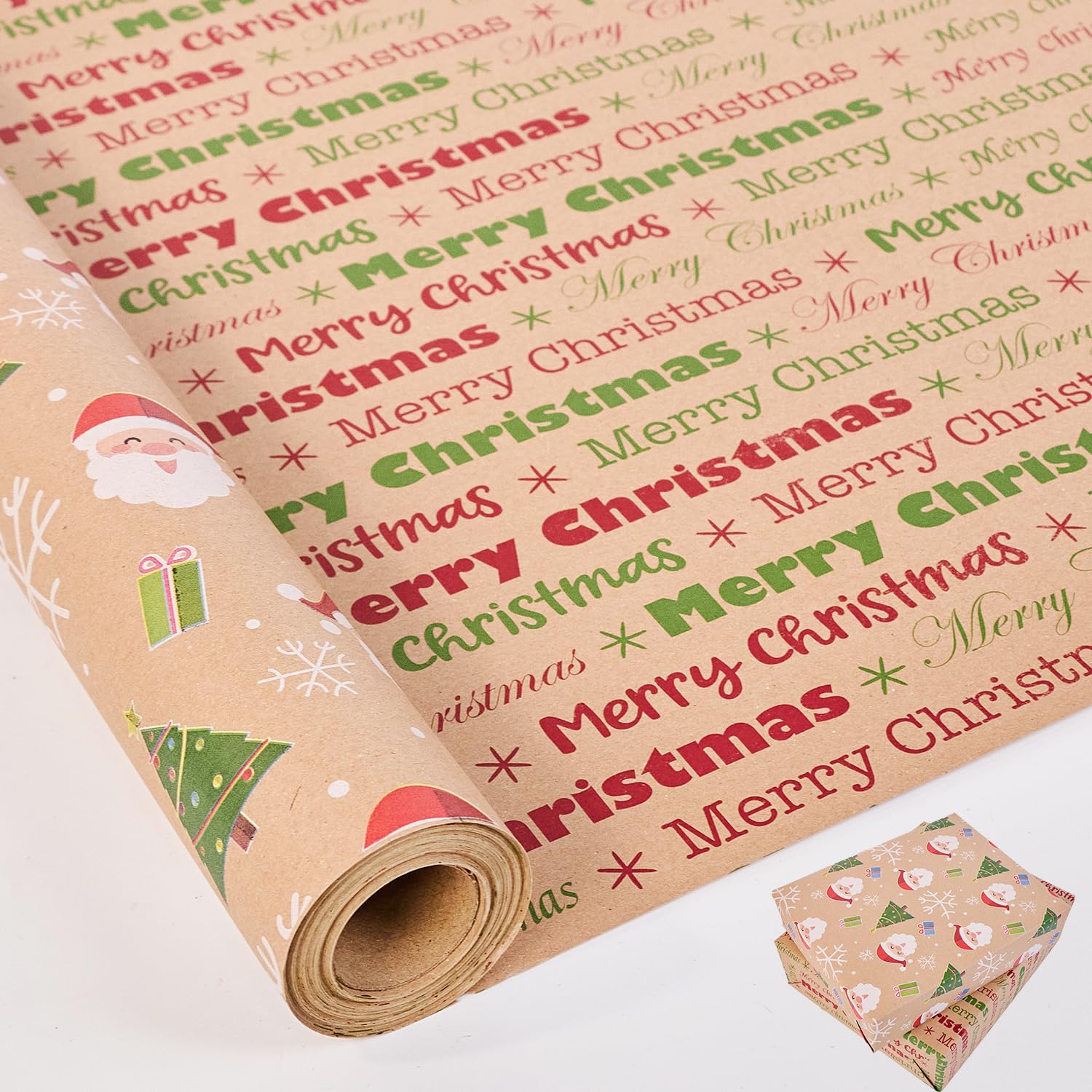 HBell Reversible Chirstmas Wrapping Paper Roll,Double-sided Xmas Wrapping Paper,Brown Kraft Gift Wrapping Paper for Christmas Decoration Party DIY Carft,43cm*10m