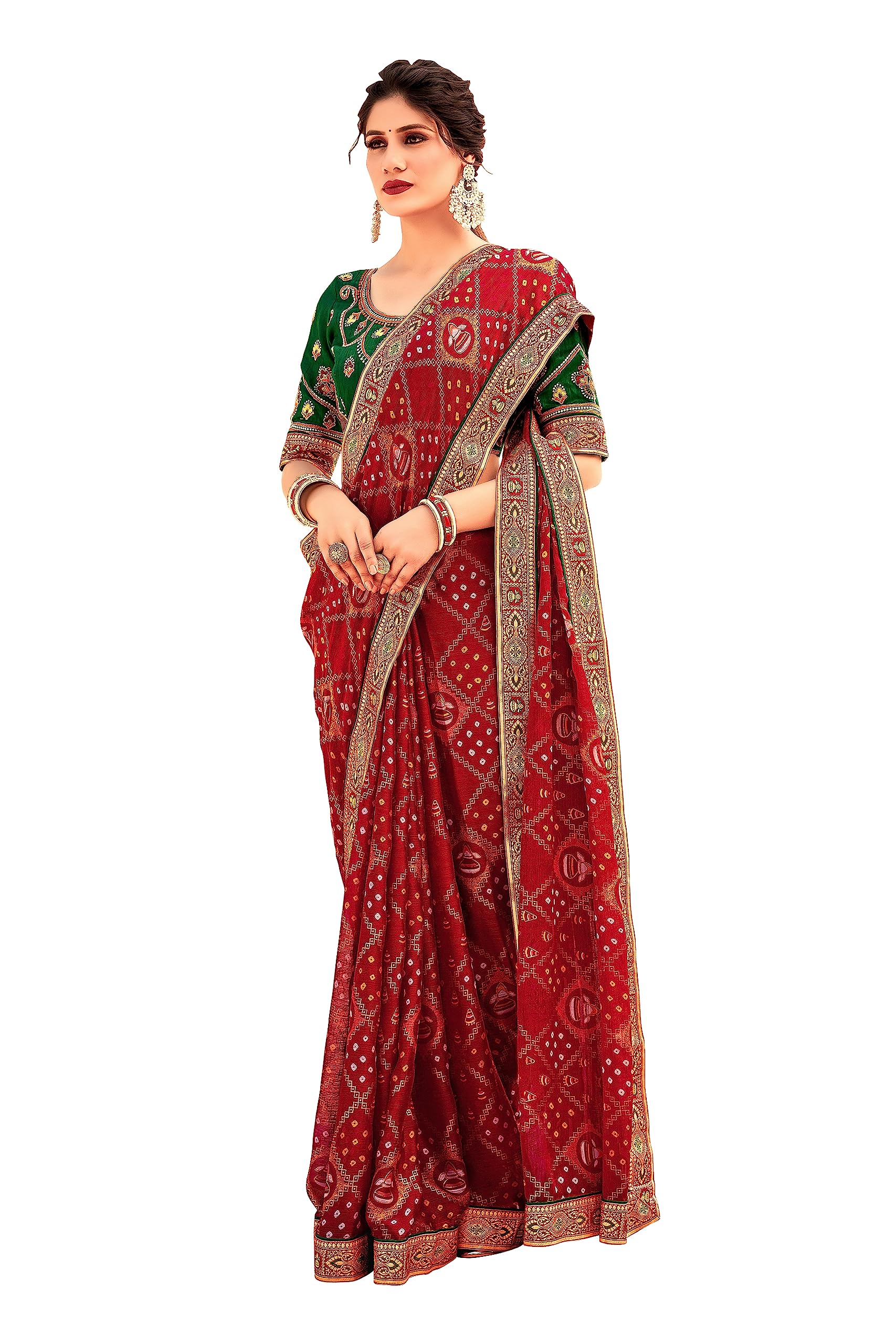 LAMI Women's Multicolor Traditional Chiffon Bandhani Saree with Lace Border and beautiful Embroidery Blouse Piece