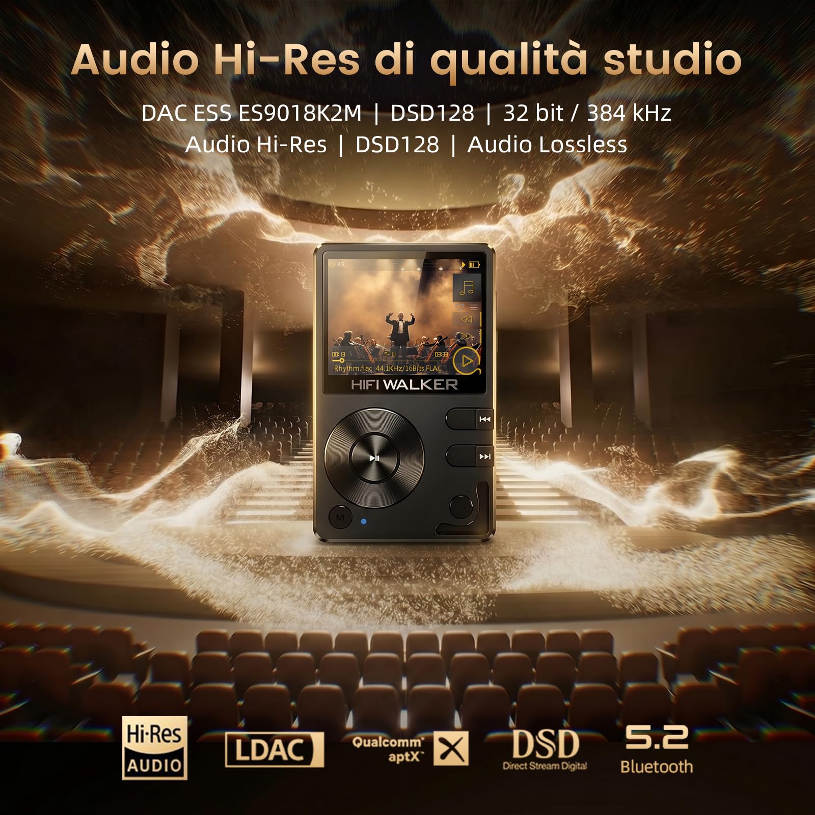 HIFI WALKER Lettore MP3 HiFi H2 con Bluetooth, Lossless DSD DAC Flac, lettore musicale ad alta risoluzione, lettore audio portatile con scheda di memoria da 64 GB, supporta fino a 256 GB