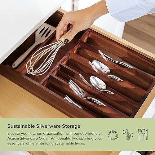 Miniatura 5 de KitchenEdge Organizador de cubiertos, cubiertos y utensilios para cajones de cocina, fijo de 10.5 pulgadas de ancho, 7 compartimentos de