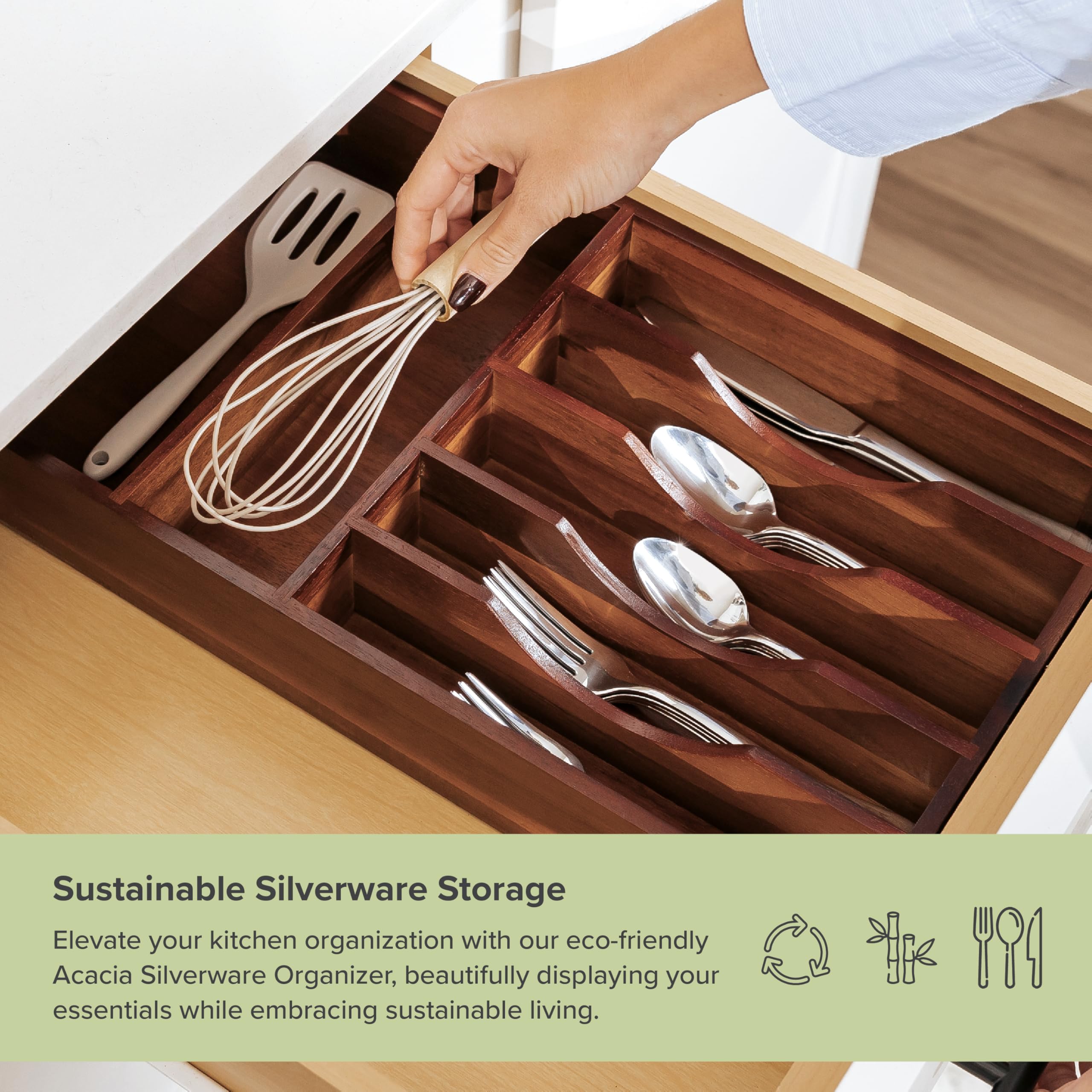 Organizador de cubiertos, cubiertos y utensilios para cajones de cocina, fijo de 10.5 pulgadas de ancho, 7 compartimentos de almacenamiento, pies antideslizantes, esquinas redondeadas, 5