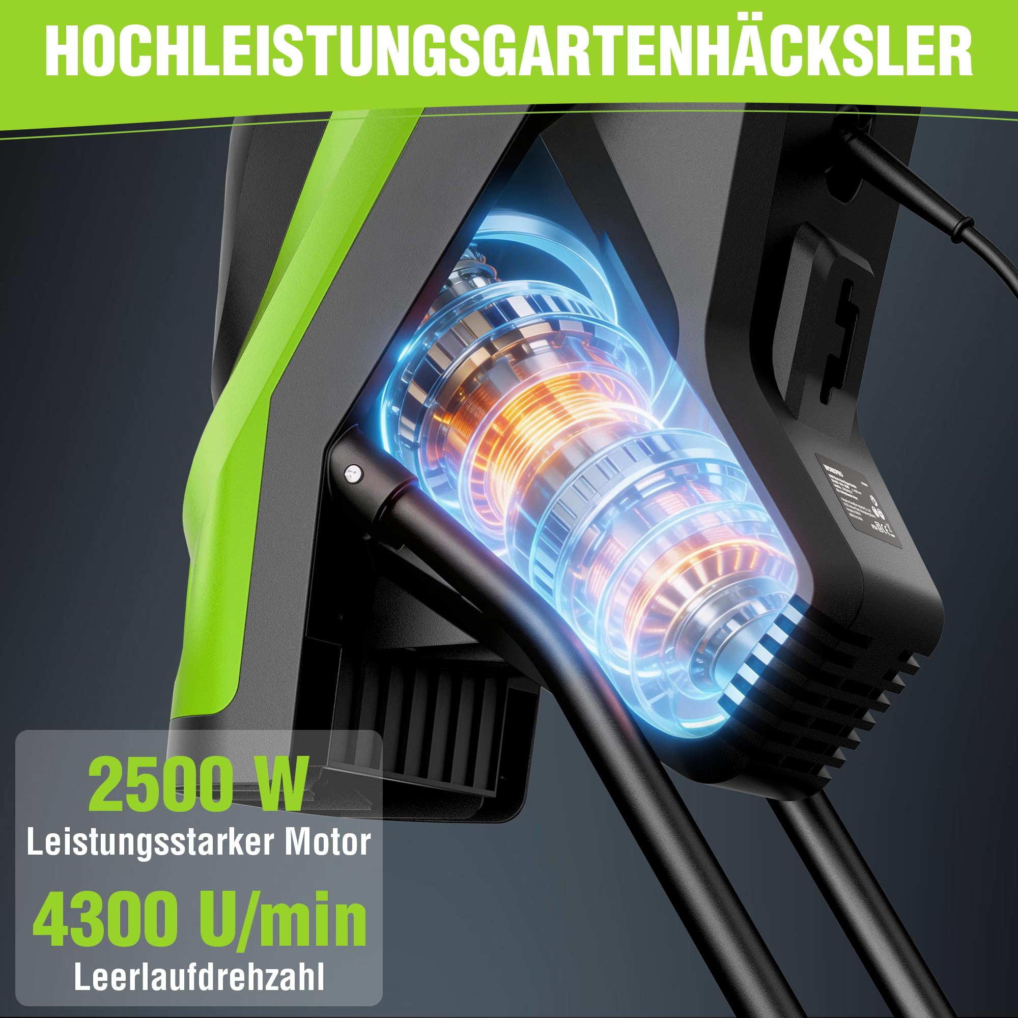 WORKPRO Elektrischer Gartenhäcksler 2500W, Messerhäcksler für Äste bis 44 mm, 4300 U/min, 2 x 45 L Sammelbeutel