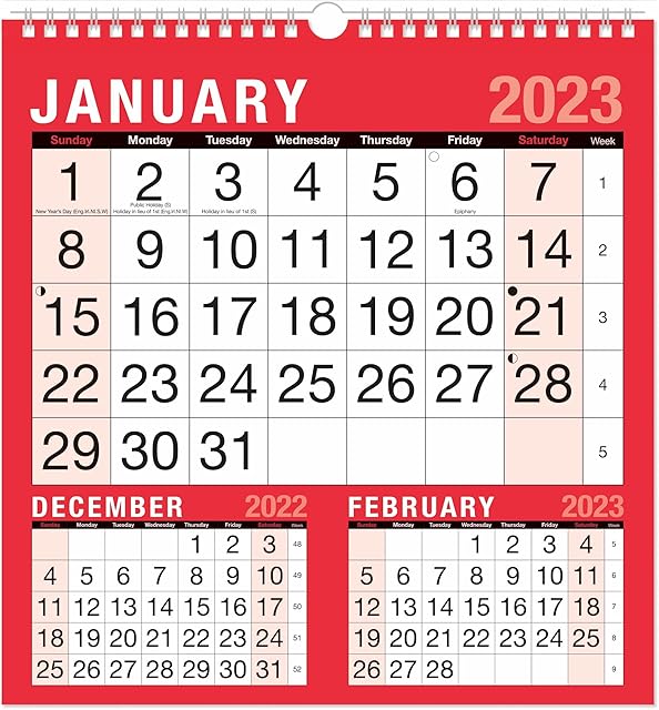 2023 Calendar Three Months to View Spiral Bound Wall Planner Red and Black Canender