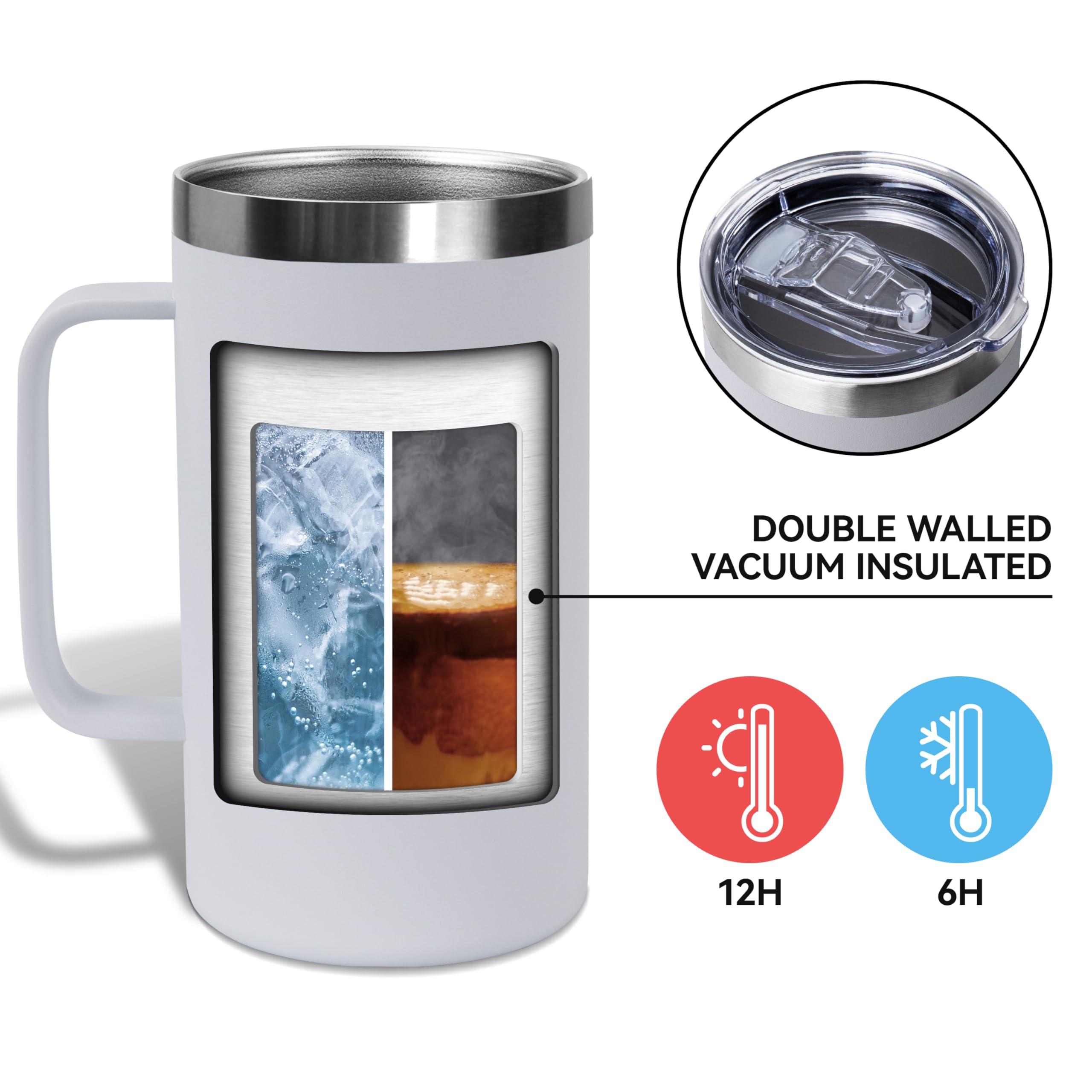 DOMICARE Taza de café de acero inoxidable de 24 onzas con asa y tapa, taza de viaje con asa, vaso de café al vacío de doble pared, taza aislada reutilizable, color blanco, paquete de 8