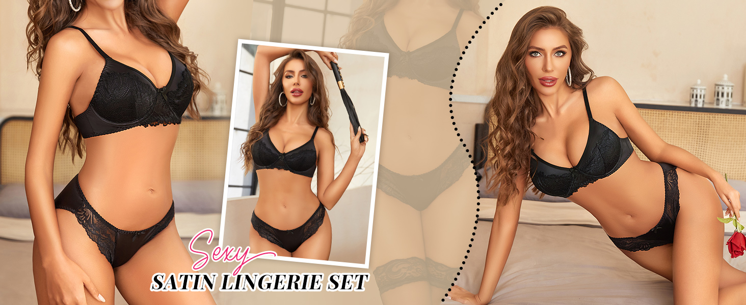 Avidlove Women Bra and Panty Sets Sexy Lace Lingerie Set Satin V Neck  Lingerie Set Black S | Amazon.com
