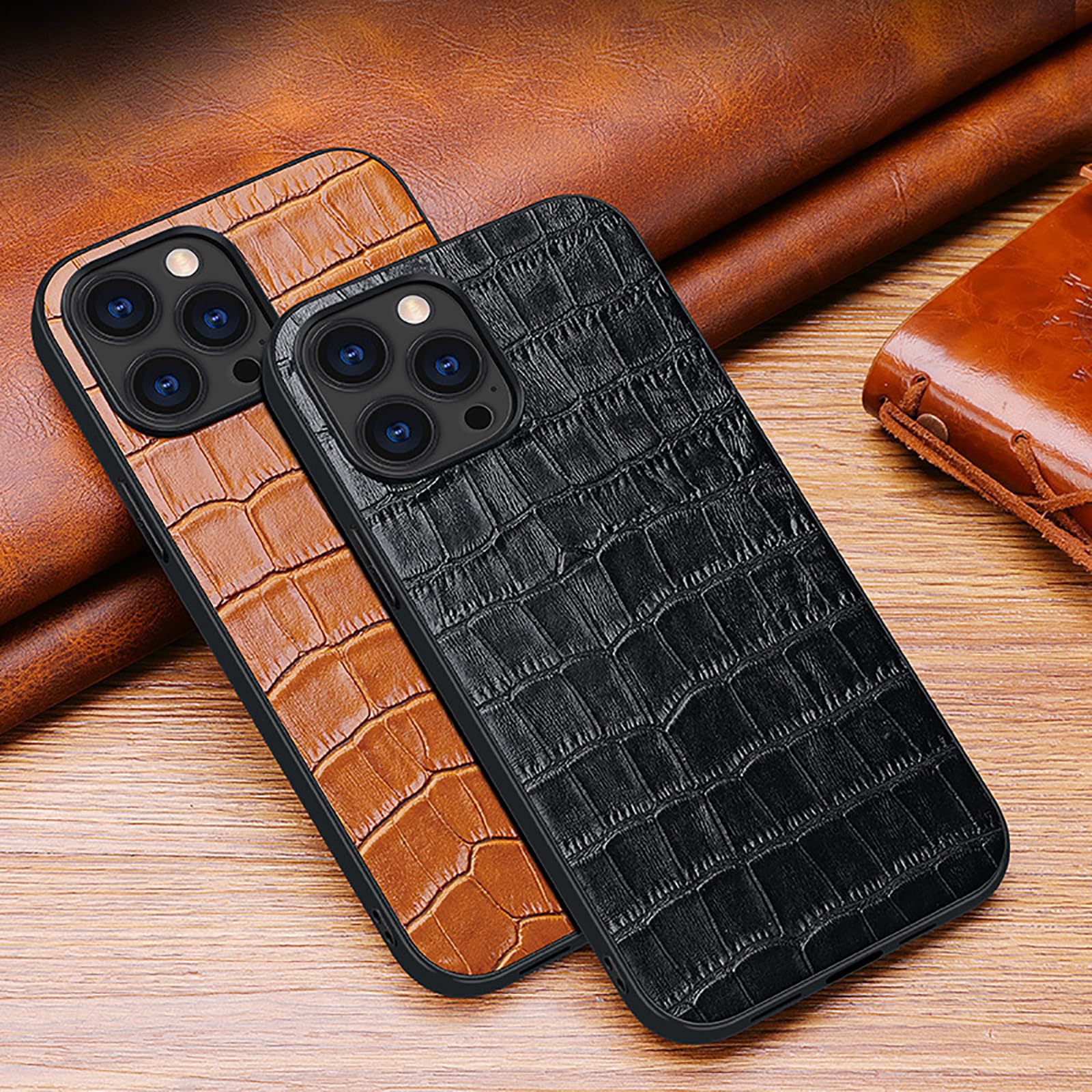 HAMEXLN Cuir Véritable Étui Pour IPhone 16 Pro Max/16 Pro/16 Plus/16, Ultra Mince Antichoc Étui Avec Caméra Protection Pattes Crocodile Coque,Noir,16 Plus