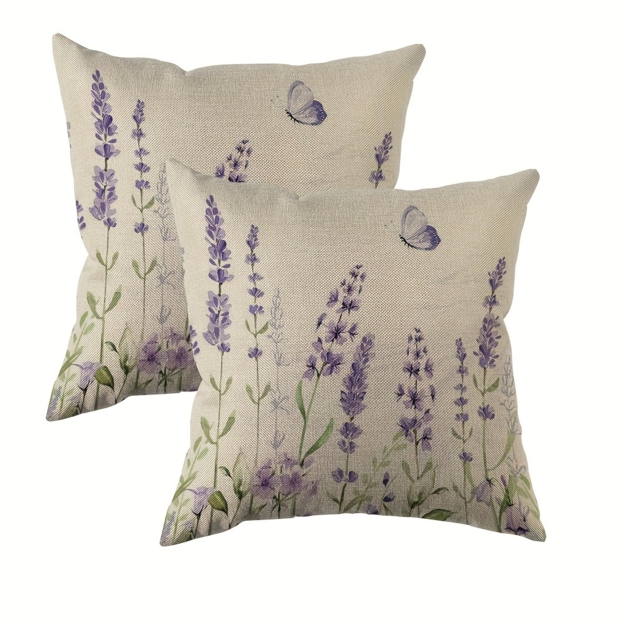 PVOODIRE Purple Cushion Cover, 40 x 40 cm, Set of 2, Linen Cotton Floral Pattern, Purple Flowers, Decorative Cushion for Living Room, Sofa, without Filling — image 1