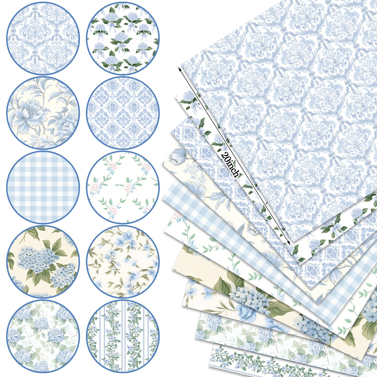 Tudomro 10 Pcs Blue Floral Fabric Squares Bundles 20 x 20 Inch Cotton Hydrangea Quilting Fabric Blue Spring Flower Fat Quarters Printed Cloth Quilt Patchwork Material for Sewing DIY Craft Supplie - 3