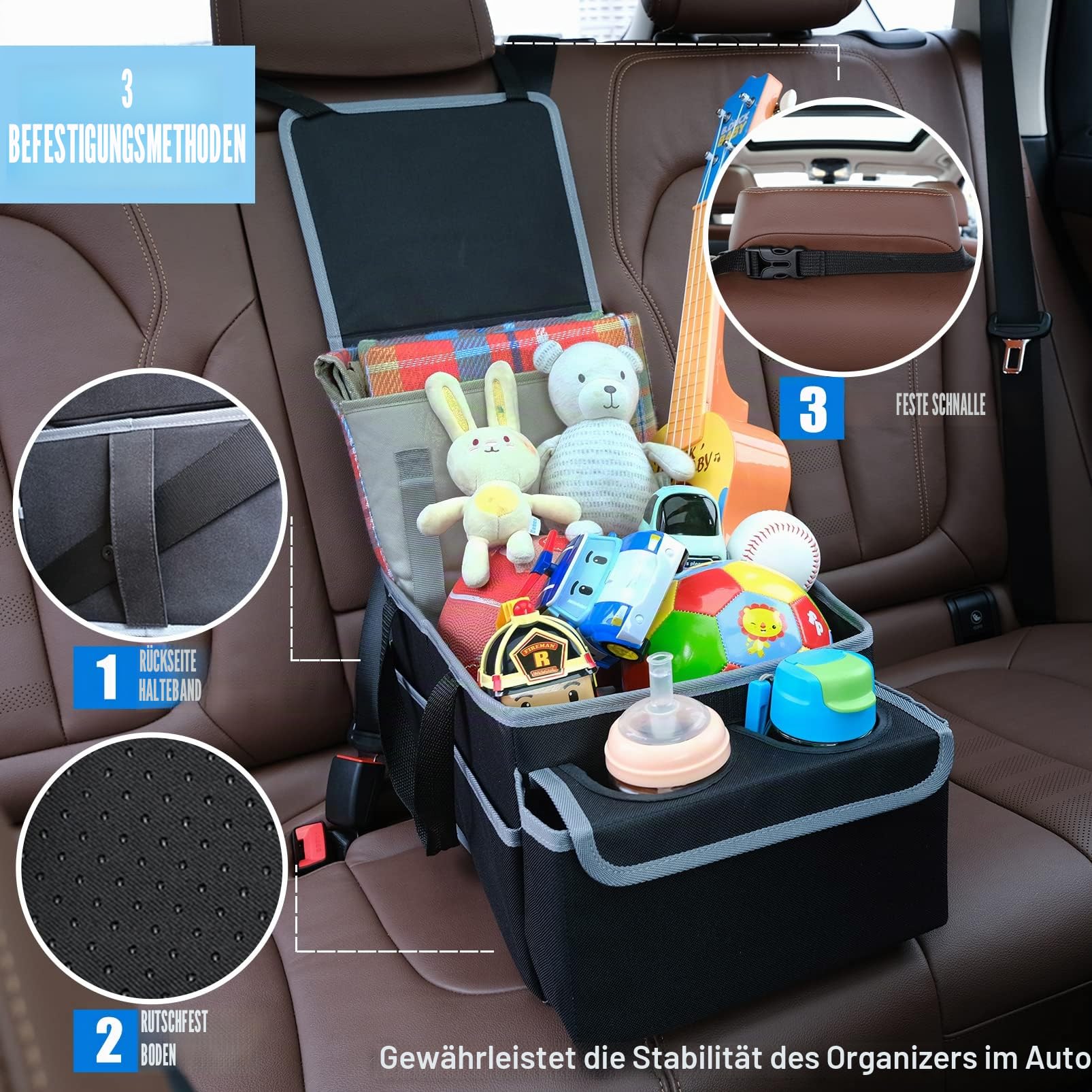 Auto Organizer für Vorne und Rücksitz, Klappbar, mit Fächern und Deckel - Beifahrersitz und Kinder (Schwarz)
