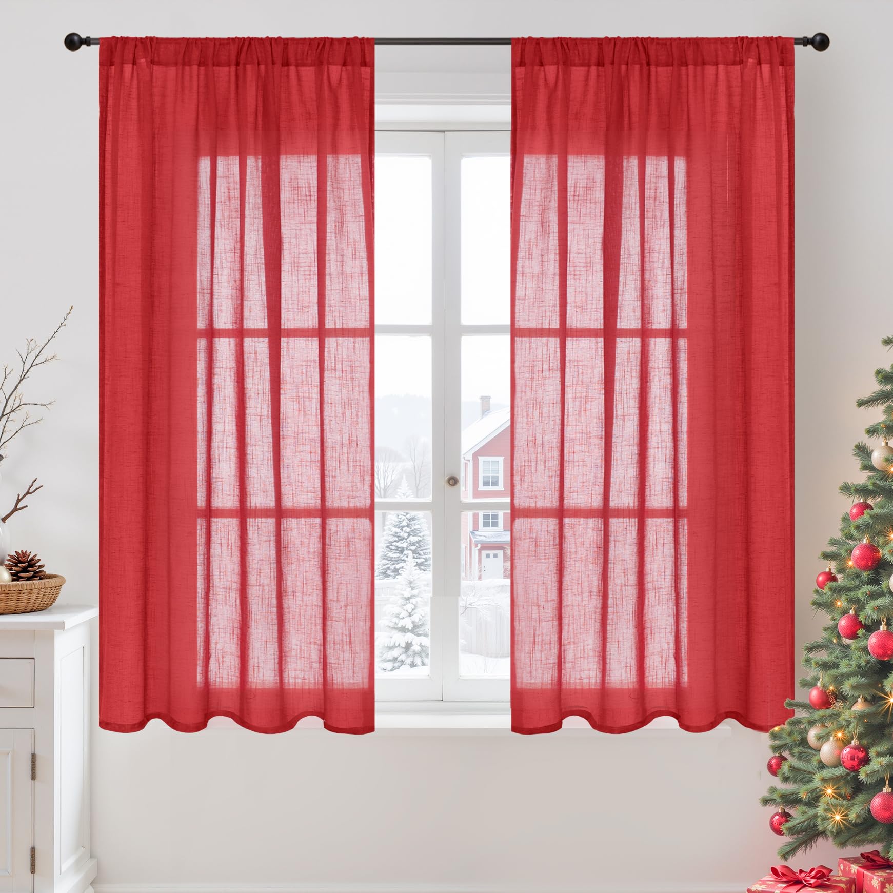 BGment Linen Curtains 54 Inch Length for Window, Red Sheer Drapes Lightweight Rustic Country Textured for Farmhouse Bedroom Office Cafe Bathroom Decor Rod Pocket, 2 Panels Set, Each 42 Inch Wide — image 1