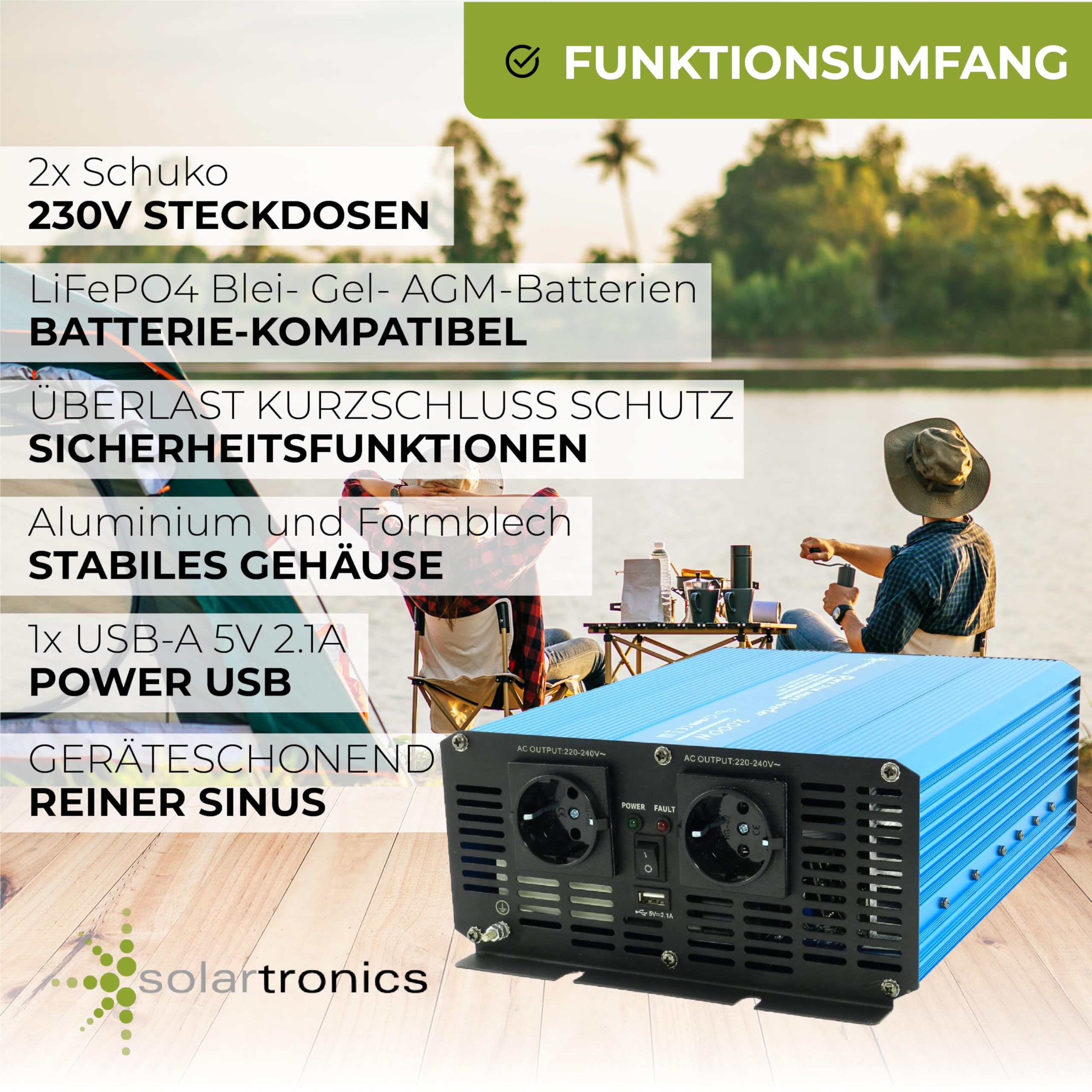 solartronics Spannungswandler TS2000 24V 2000/4000 Watt Reiner Sinus blau Solar Inverter Wechselrichter Umrichter USB AC Steckdose
