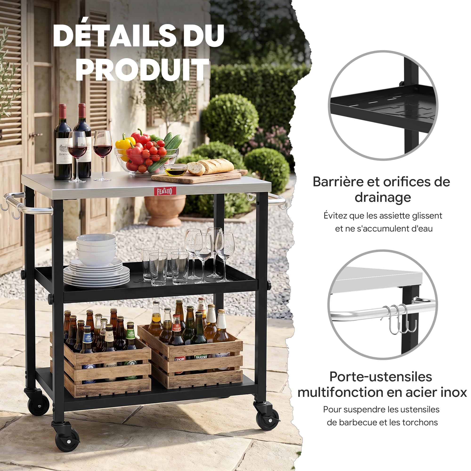 Feasto 3-Étagère Desserte de Jardin avec Plateau en Acier INOX | Chariot de Barbecue avec Étagère Centrale Réglable et 4 Roues Universelles, Idéal pour Intérieur et Éxtérieur, 87,5x41x84 cm