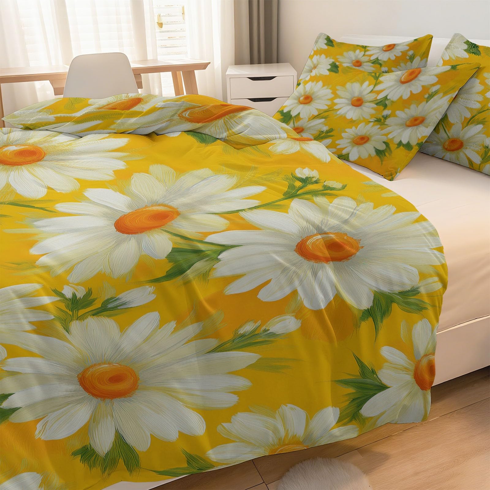 Żółty komplet pościeli 155 x 220 cm, tradycyjne, kwiaty, stokrotki, pościel 3D, poliester, bawełna, miękka, dwustronna, poszewka na kołdrę z zamkiem błyskawicznym, zestaw pościeli pojedynczej