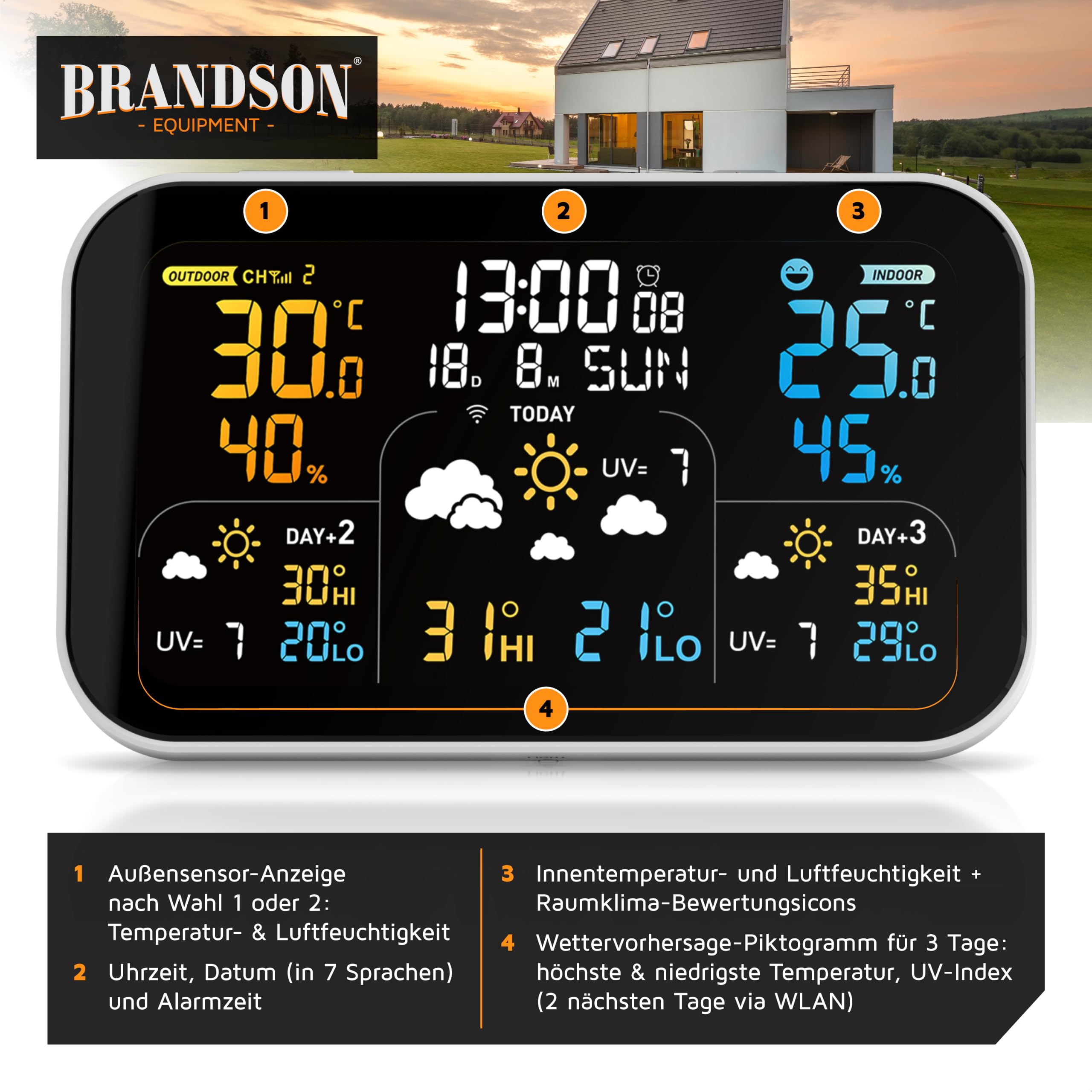 Brandson – Funk Wetterstation Wlan mit Außensensor – Farbdisplay – Wettervorhersage – Innen und Außentemperatur – WiFi Smart App Steuerung – Tuya Smart – Smart Life - mit 2 Außensensoren