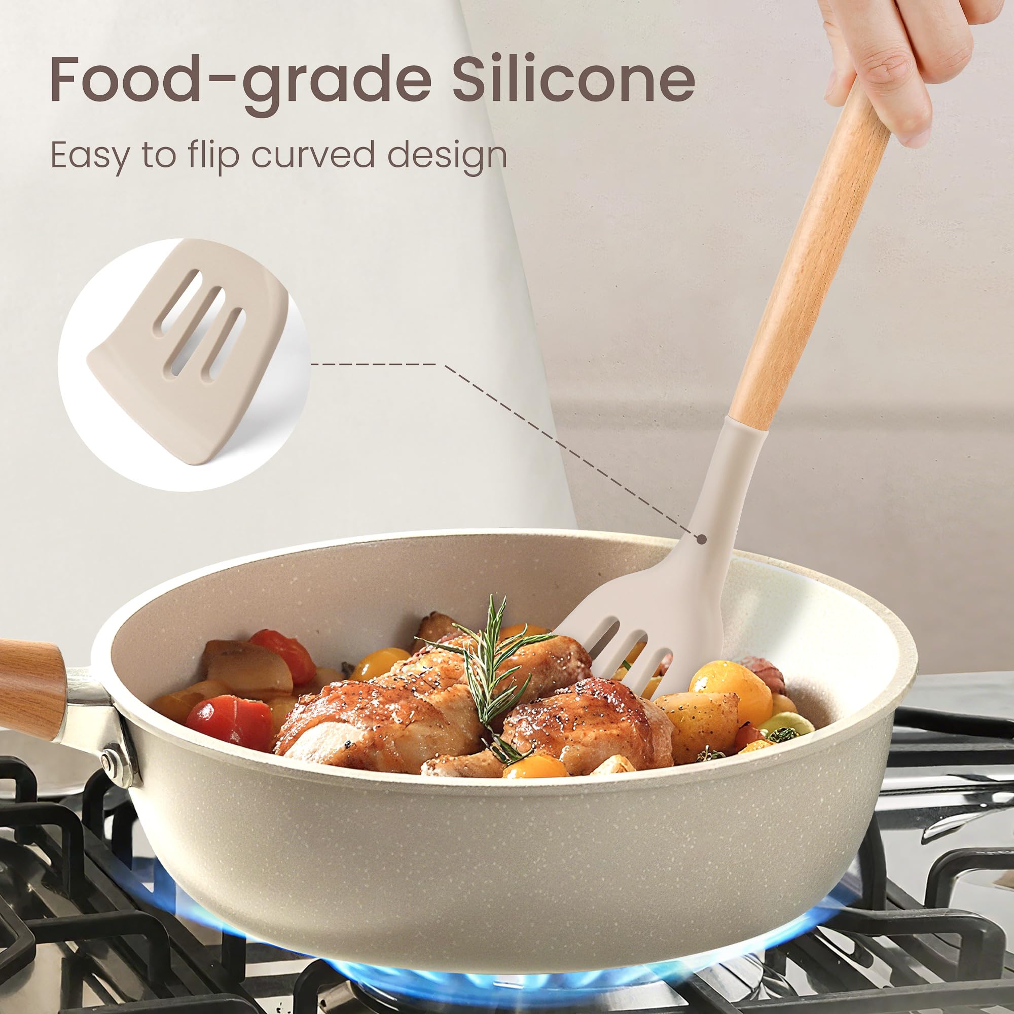 Silicone Cooking Utensils Set with Holder, BPA Free Kitchen Utensils Set for Cooking, 446°F Spatulas Silicone Heat Resistant Wooden Handle Spoon Tongs Non-stick Kitchen Gadgets (Khaki)