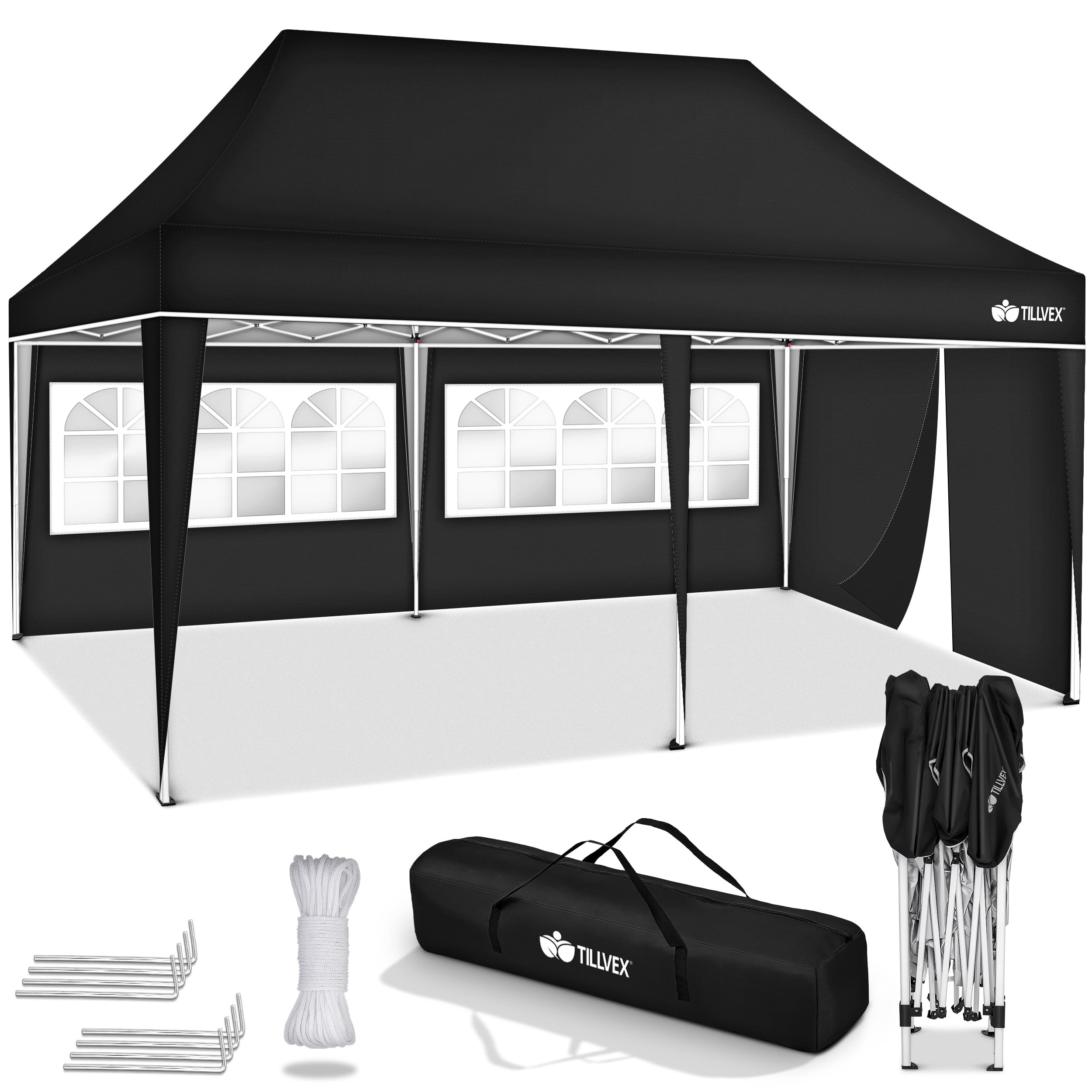 tillvex Gazebo 3x6m da Giardino | Gazebo pieghevole regolabile in altezza | Tenda Pop up impermeabile da protezione UV 50+ | Tenda Padiglione + Sacca di Trasporto (Nero - con 3 pannelli laterali)