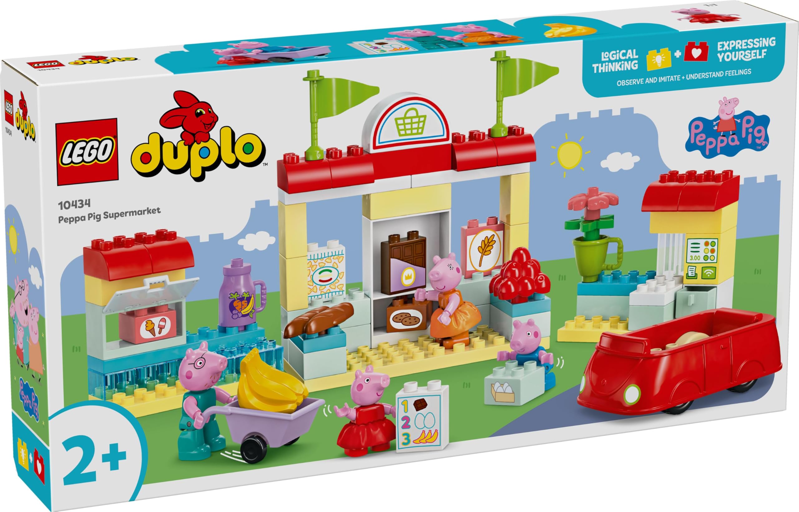 LEGO DUPLO Peppa i supermarket, zabawki edukacyjne dla maluchów, zabawka dla dziecka 2+, sklep, samochód Peppy, 4 figurki, mama świnka, tata świnka i George, pomysł na prezent dla 2-latki, 10434